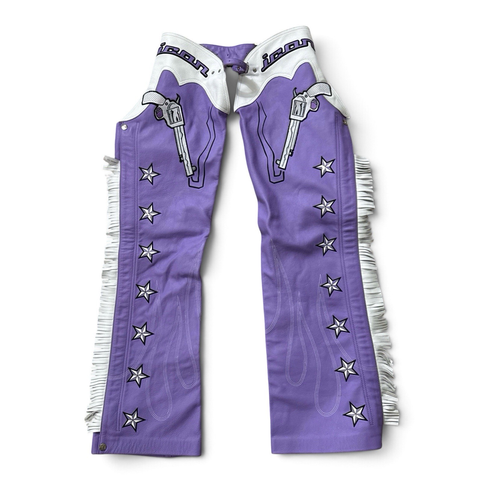 Icon Kitty Chaps Womens Leather Fringe Motorcycle Smoking Gun Purple Large VTG 