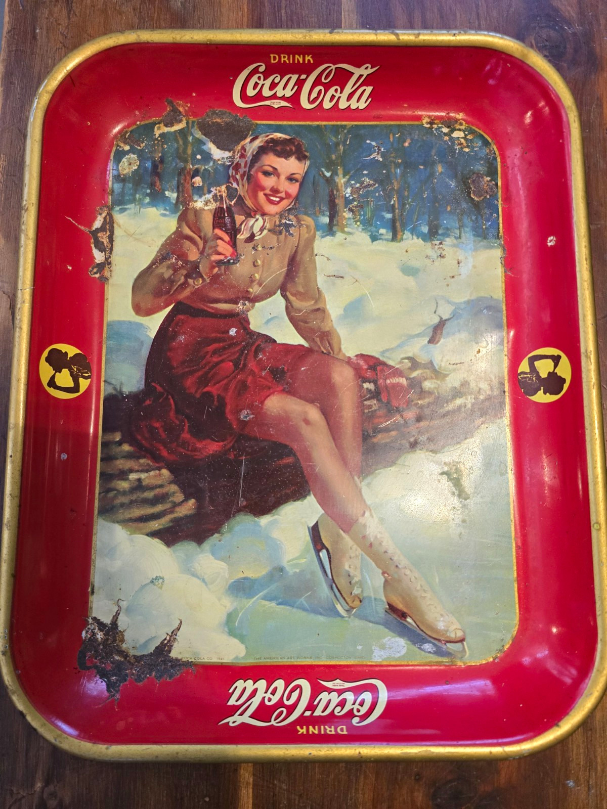 Coca-Cola 1941 Original Metal Serving Tray Red/Gold Border Winter Girl Skating