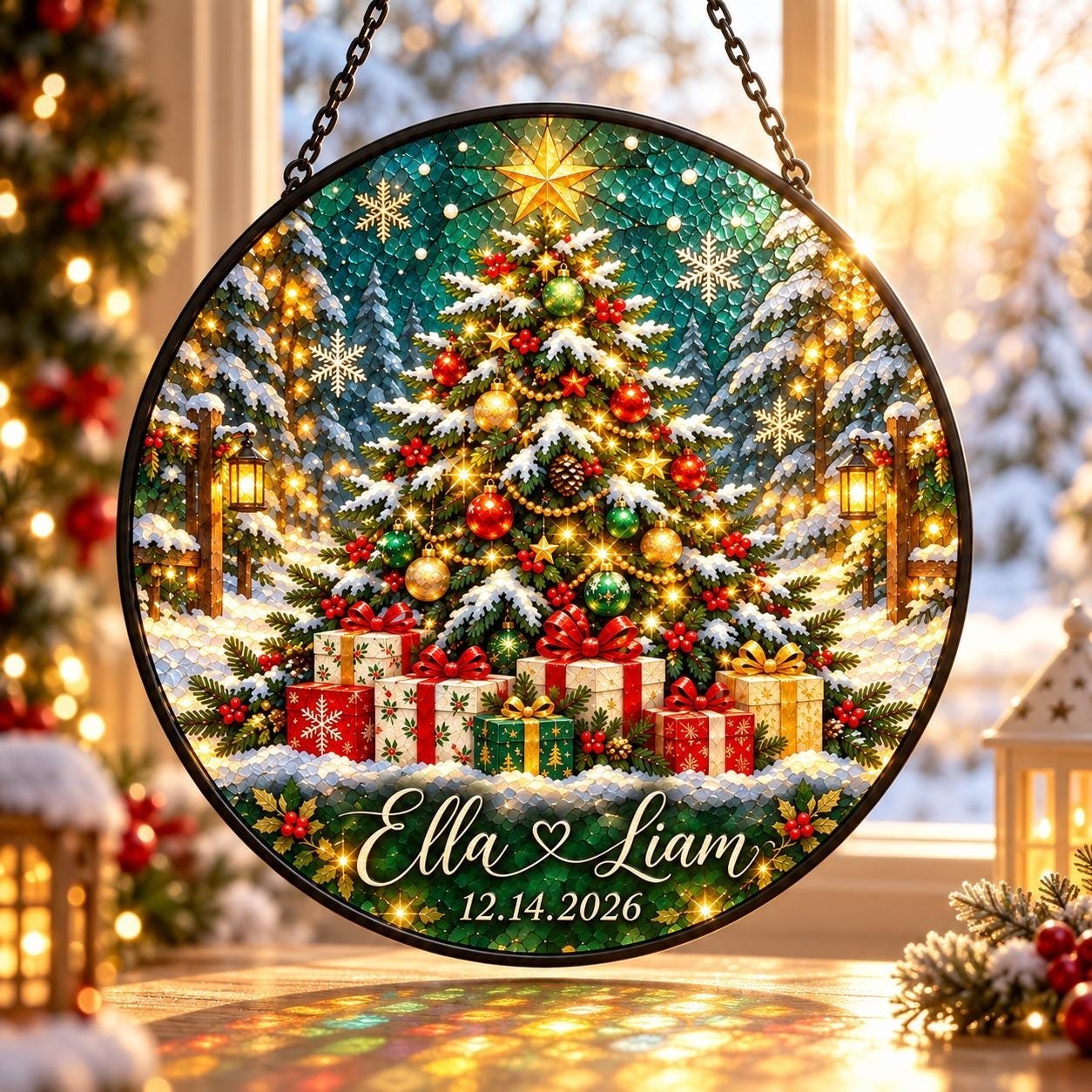 Personalized Christmas Suncatcher, Custom Couple Stained Glass