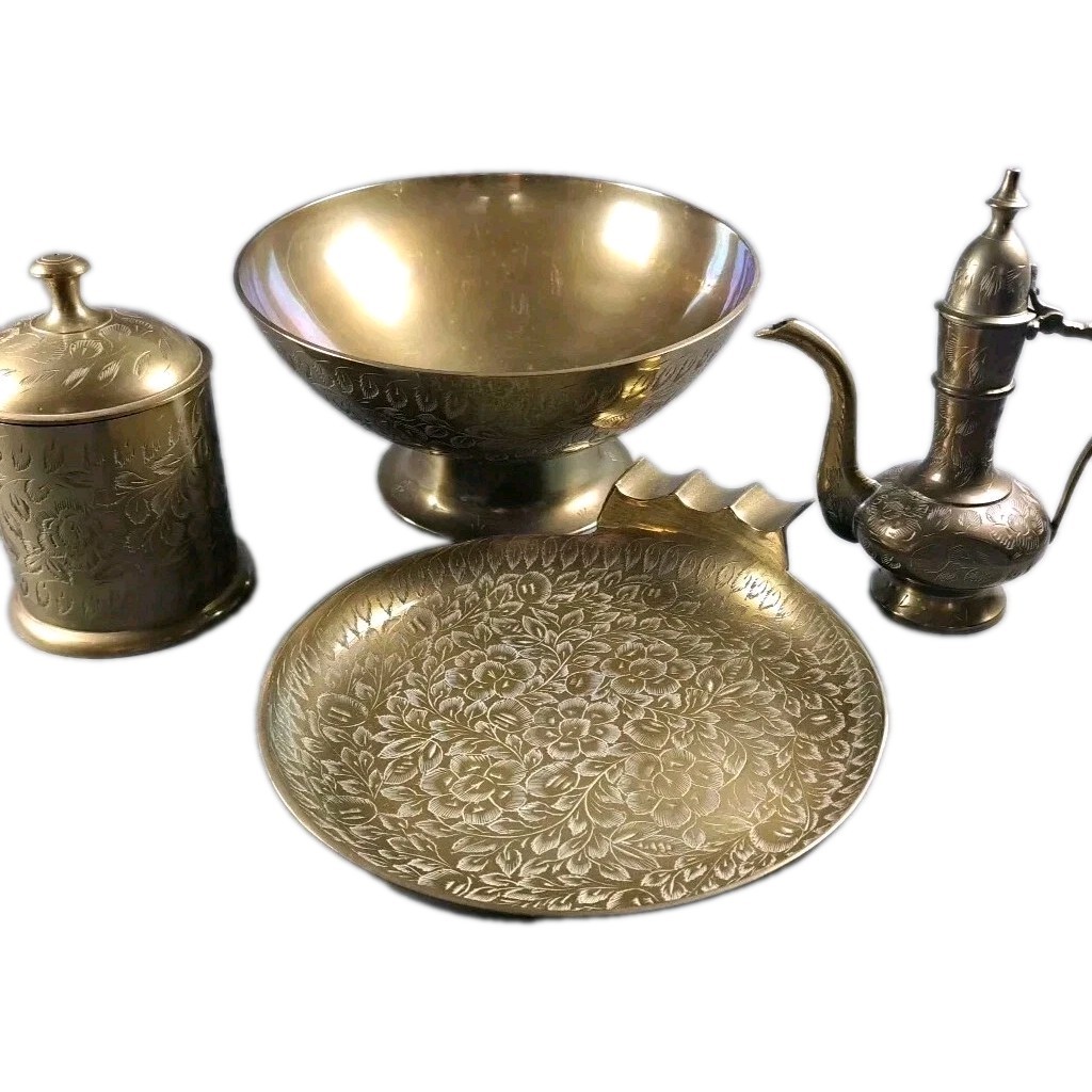 Hand Etched Brass 4pc Set Ashtray Teapot Pedestal Bowl Vintage Decor