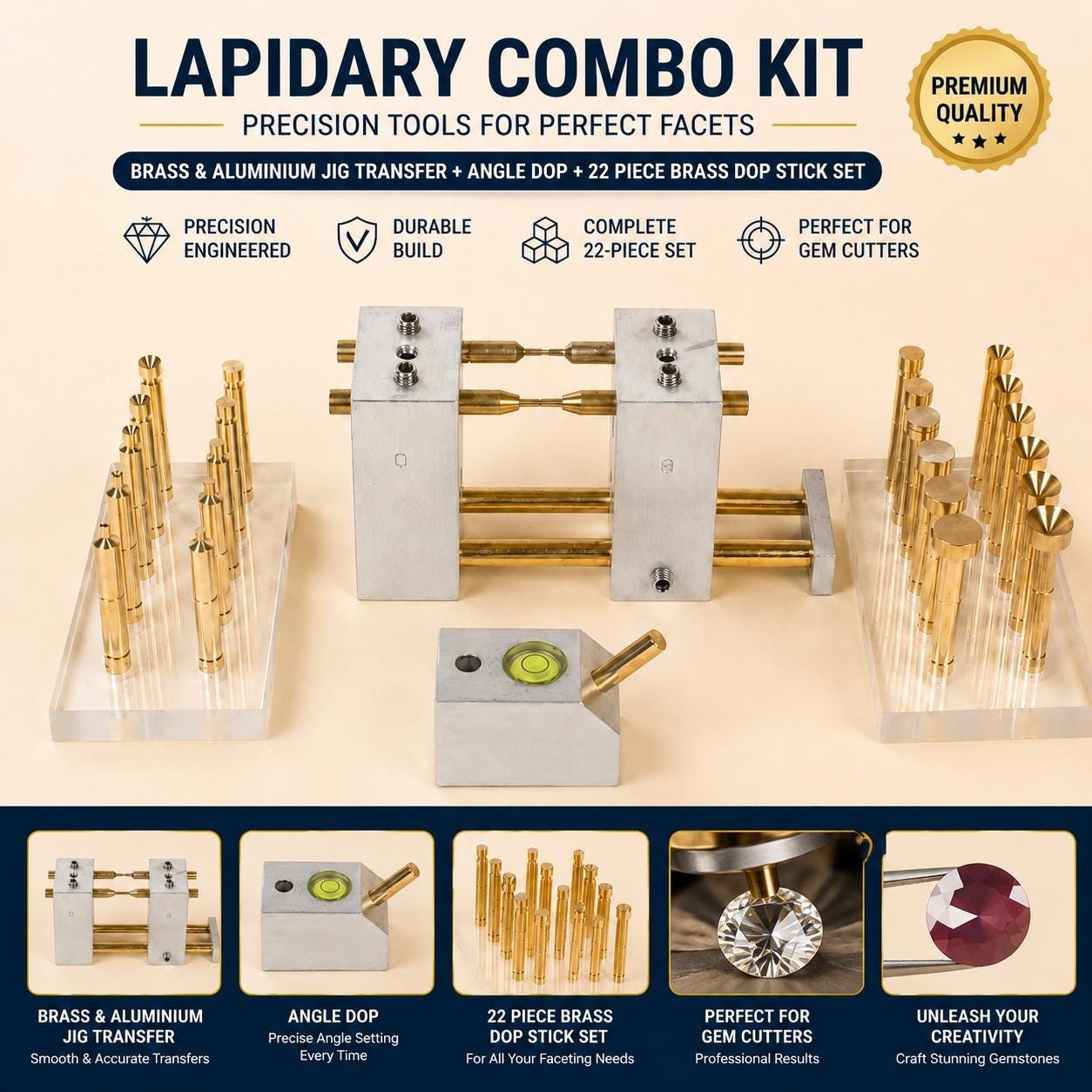 Lapidary Combo Kit – Brass & Aluminium Jig Transfer + Angle Dop + 22 Piece