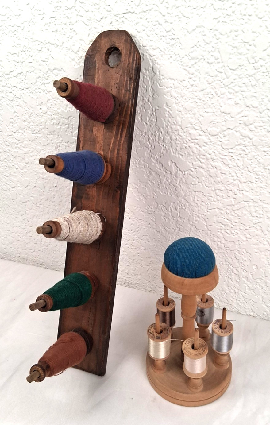 VTG Wooden Wall Mount 5 Spool Thread Holder & Victorian Thread Holder Pincushion