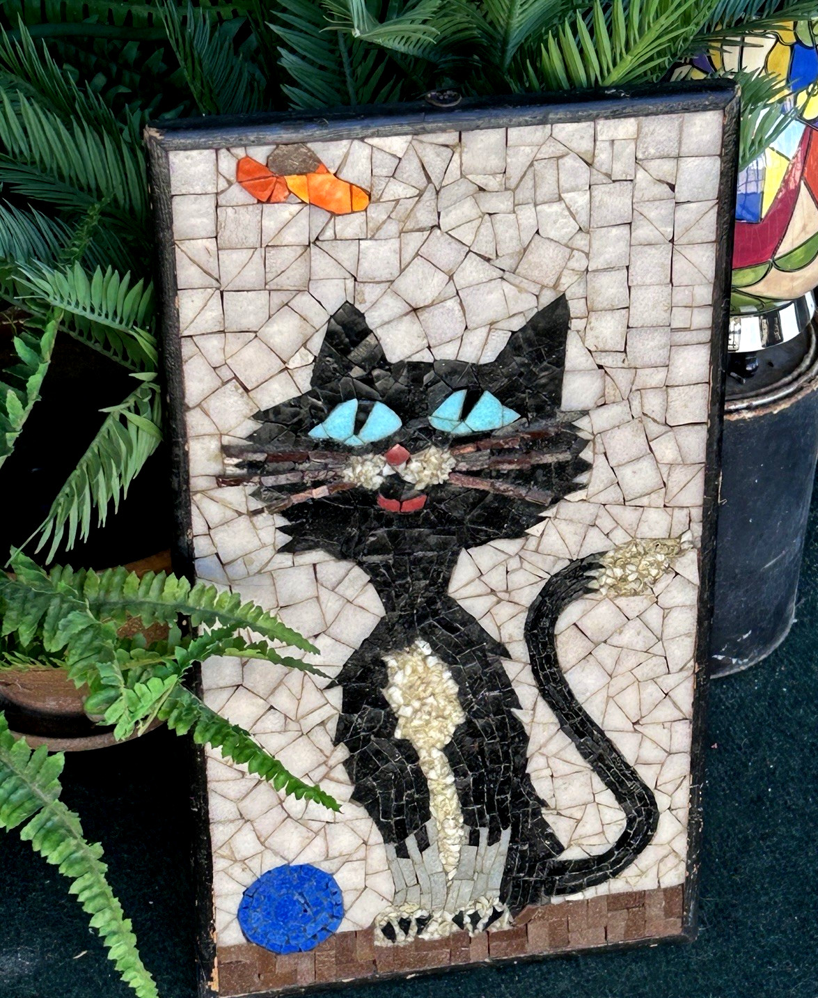Vintage Large Whimsical Cat Original Hand Cut Glass Mosaic Tile On Wood 1970’s