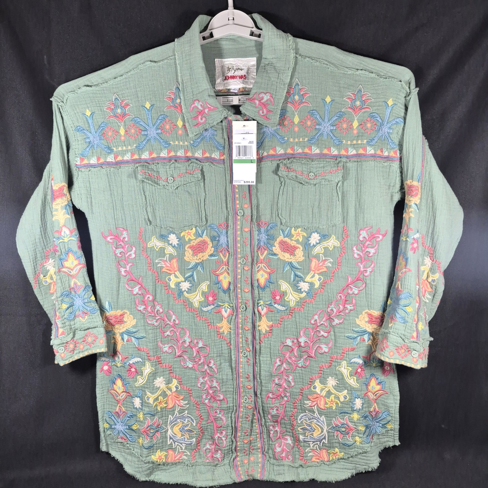 Johnny Was Biya Embroidered Button Front Shirt Sage Green Women\'s L Boho NWT
