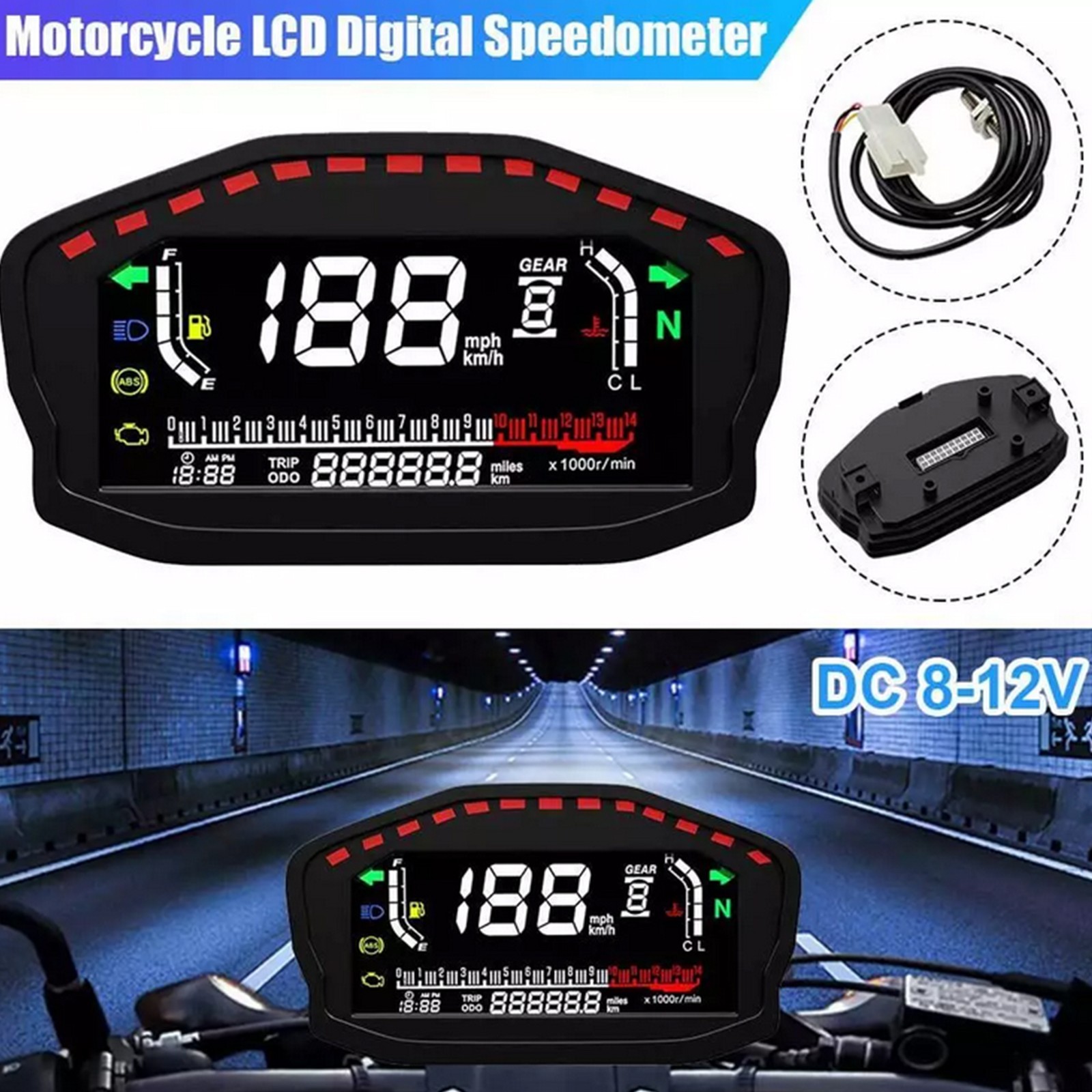 Universal Motorcycle LCD Digital Speedometer Odometer Tachometer KM/H MPH Gauge