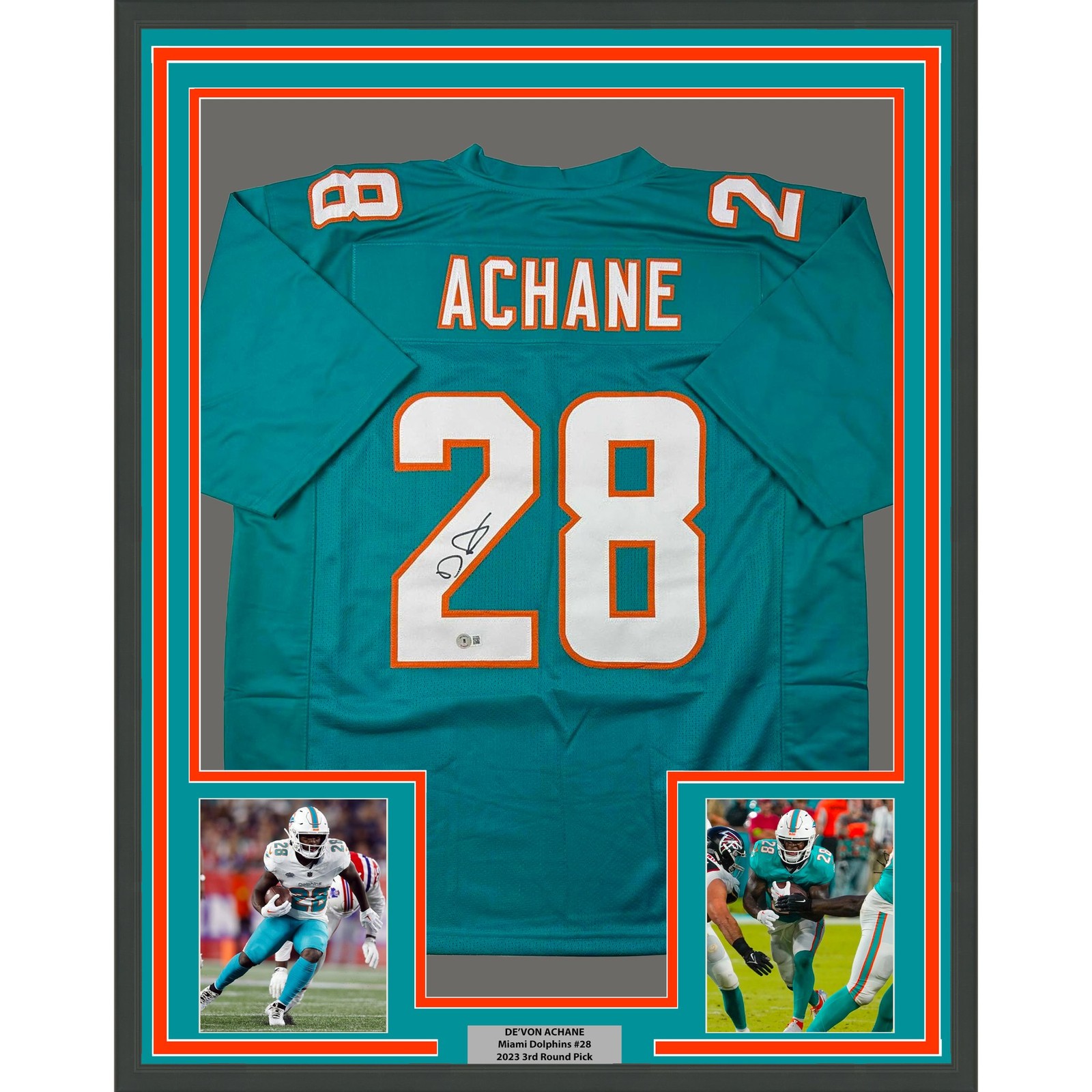 Framed Autographed/Signed De\'Von DeVon Achane 35x39 Miami Teal Jersey COA