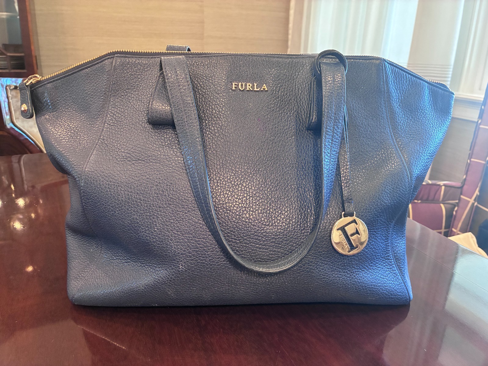 Authentic Furla Pebbled Leather Navy Tote