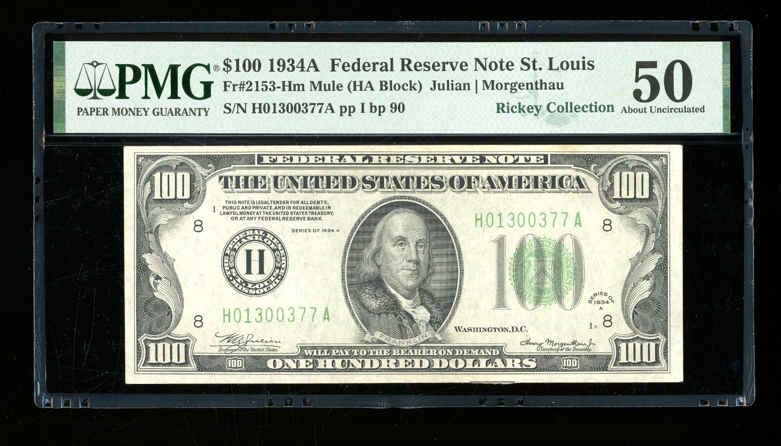 DBR 1934-A $100 FRN St. Louis Mule Fr. 2153-Hm PMG AU-50 Serial H01300377A DBR 1934-A $100 FRN St. Louis Mule Fr. 2153-Hm PMG AU-50 Serial H01300377A