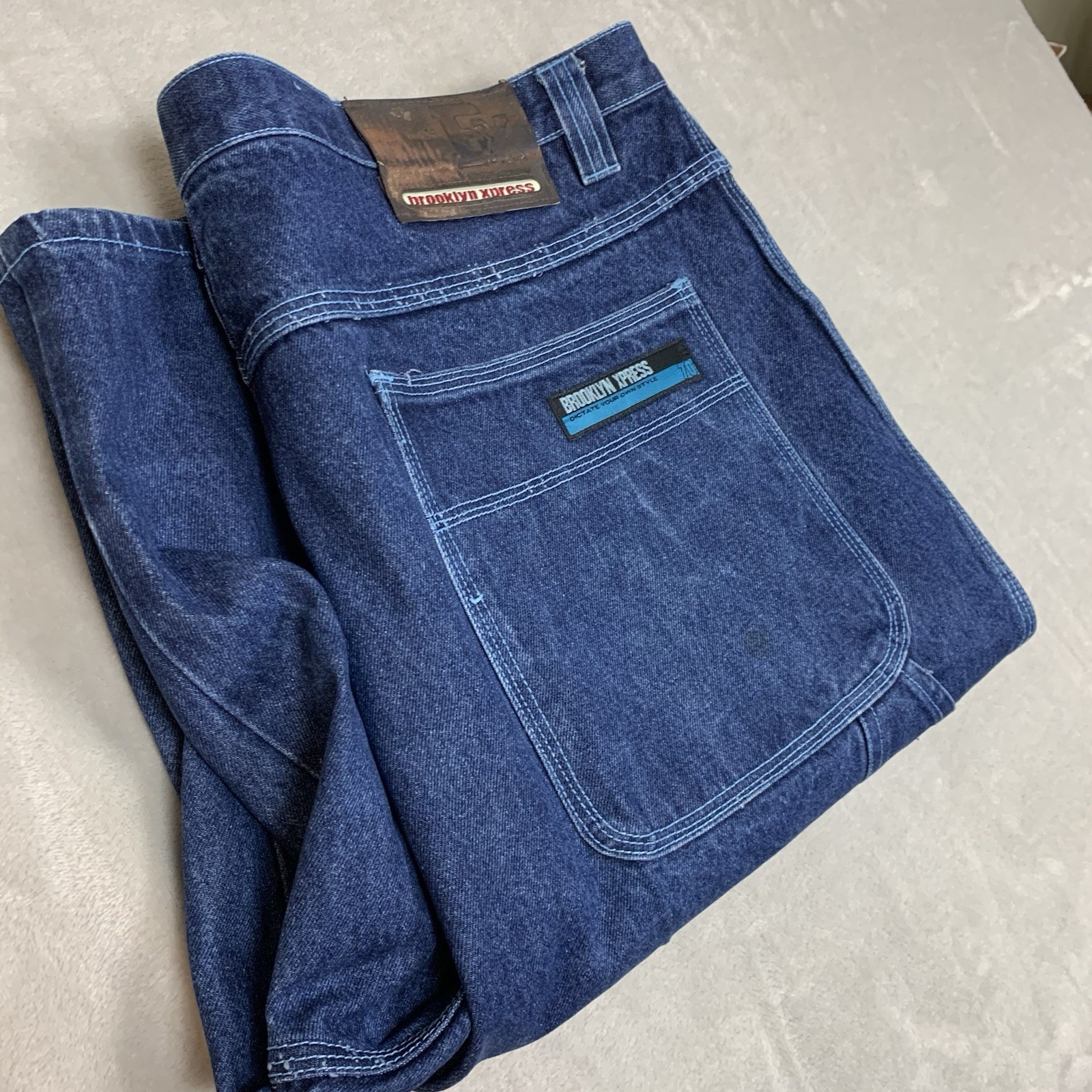 VTG Brooklyn Express Jean Shorts Mens 44 Blue Jorts Baggy Wide Carpenter Hip Hop