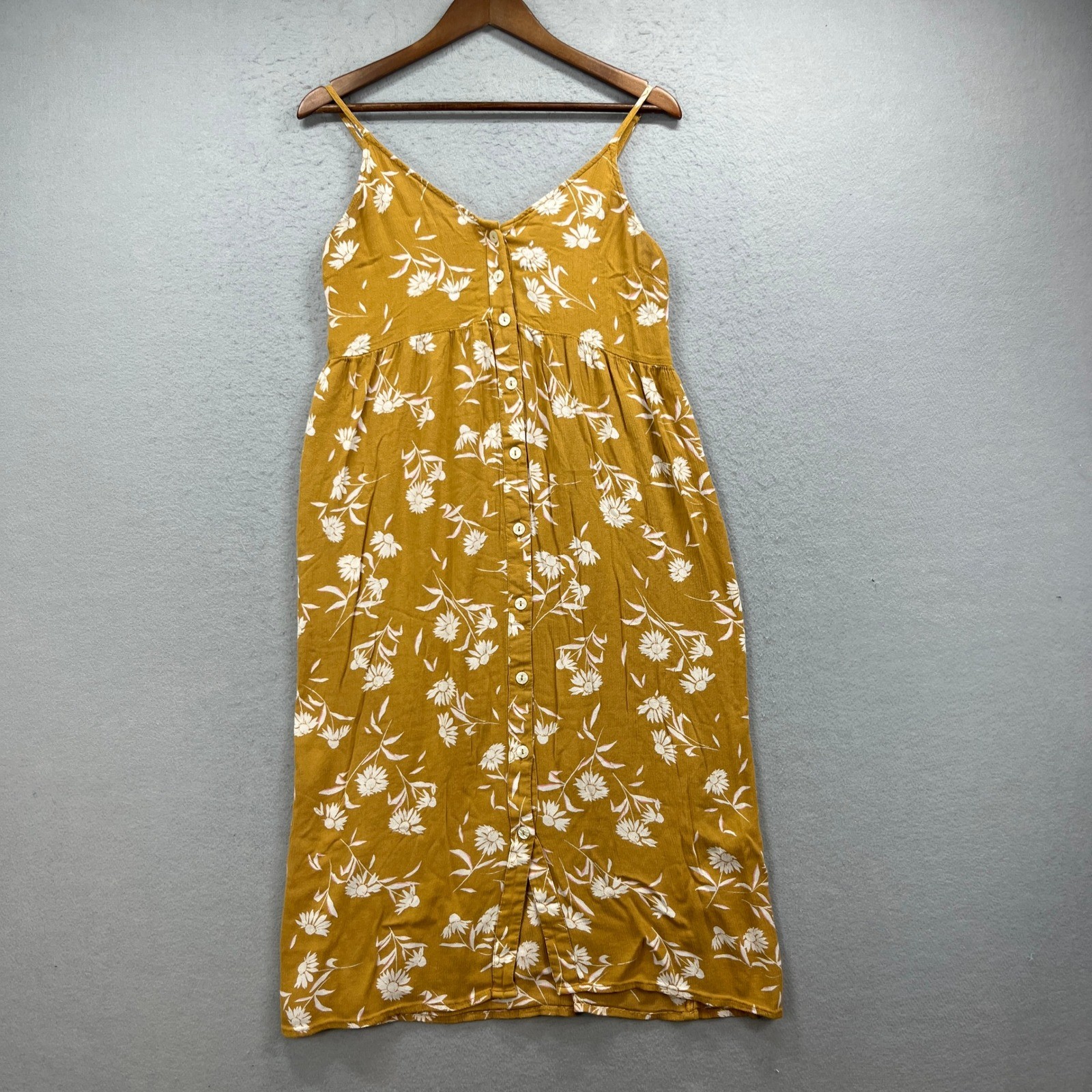 Billabong Midi Dress Womens Large Mustard Yellow Floral Button Front Boho Summer