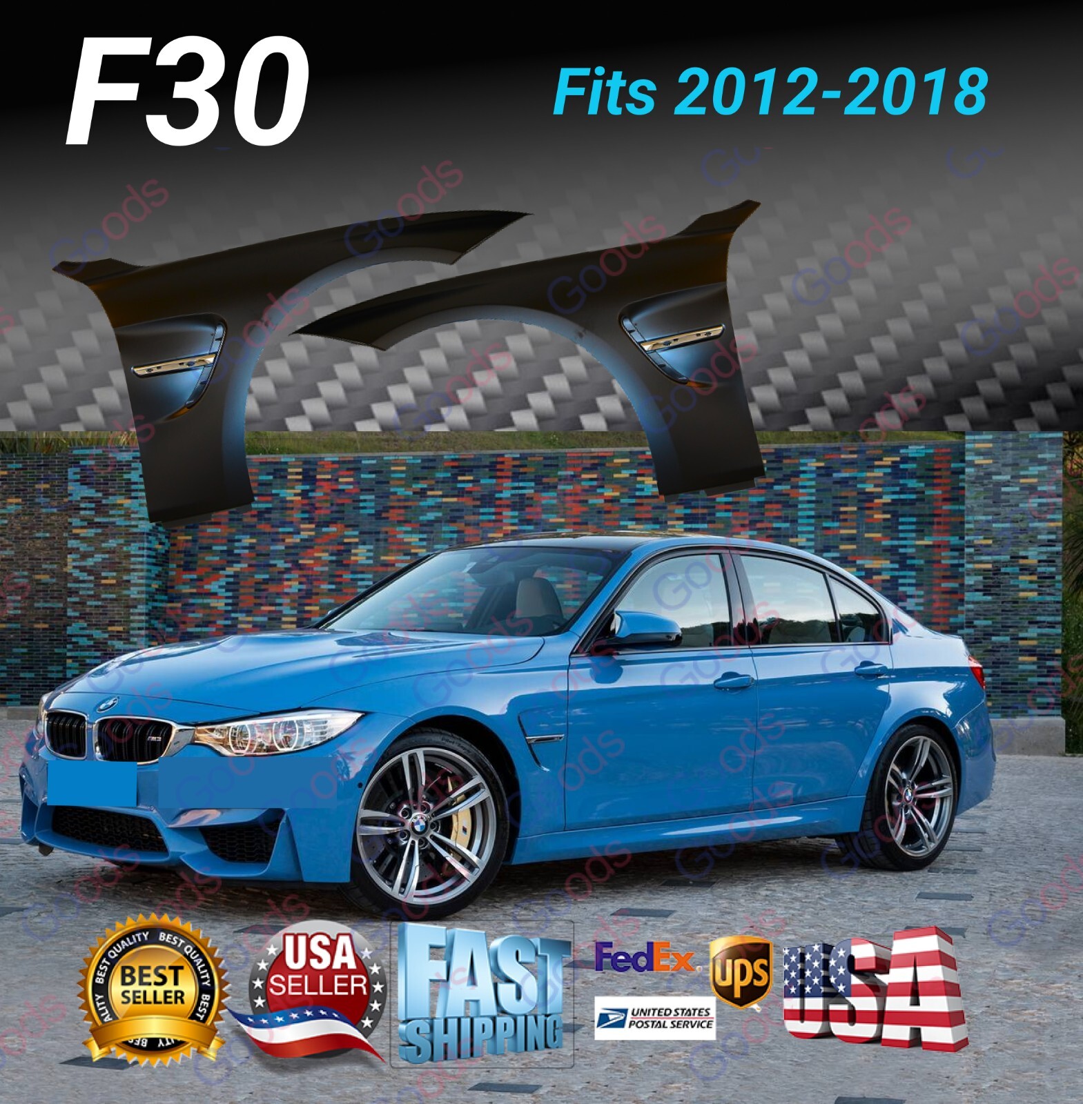 For 2012-2018 BMW 3 Series F30 M3 M4 Style Black Steel Fenders Side Vent 