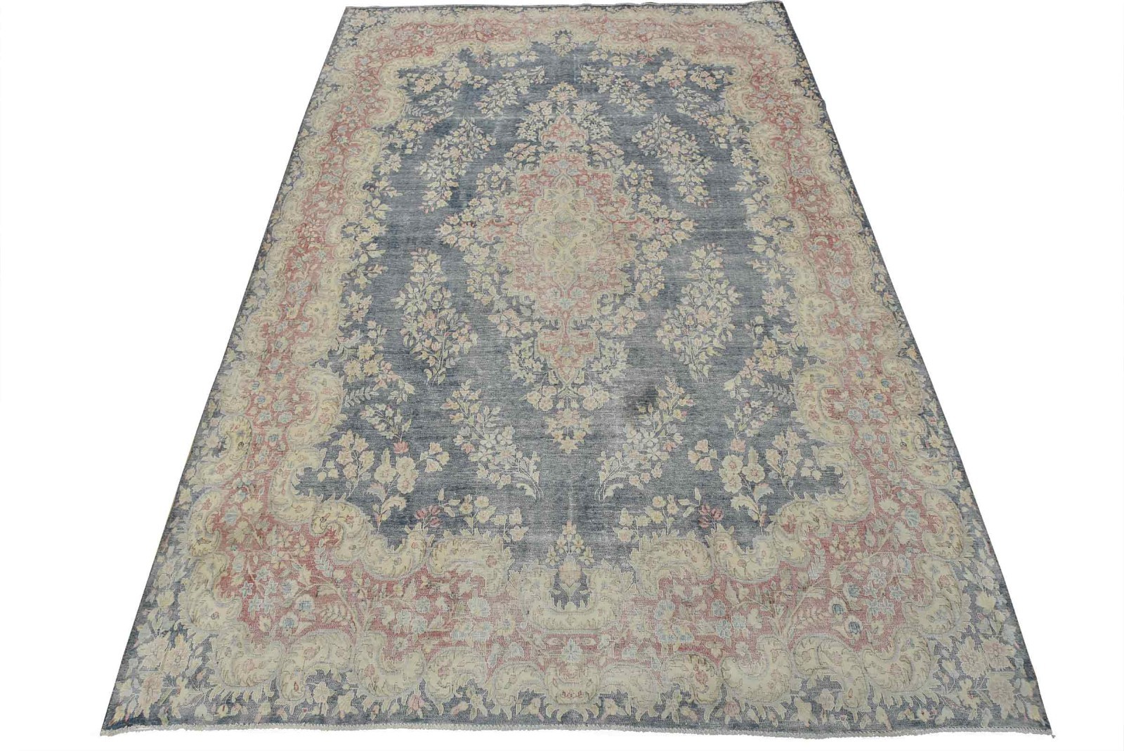 Kermani Rug 9’7” x 13’10” Blue Wool Vintage Distressed Hand-Knotted Carpet