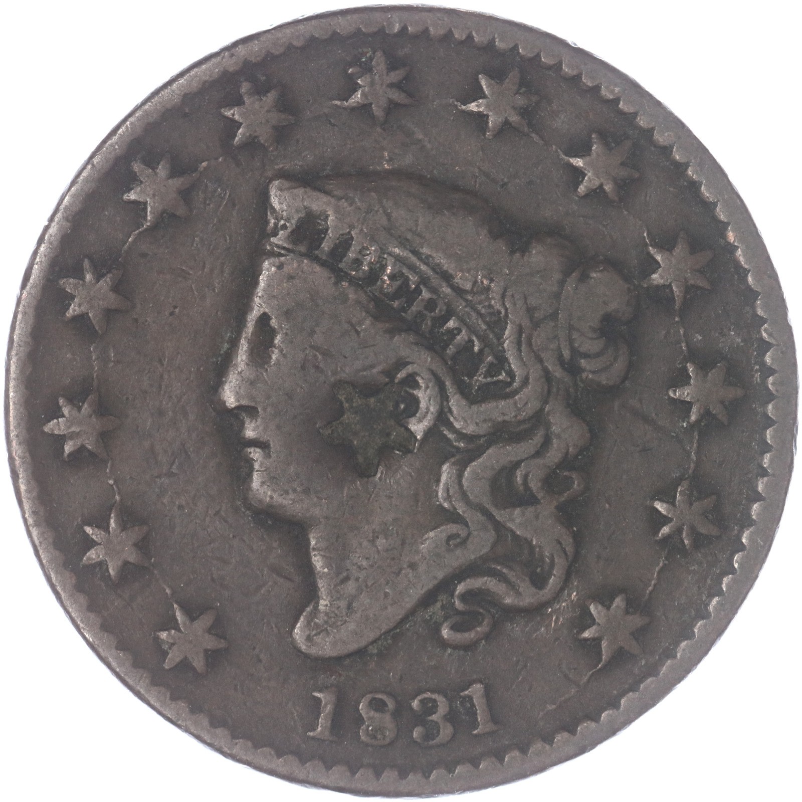 1831 (P) Coronet Large Cent Large Letters Fine Star Counterstamp See Pics J215