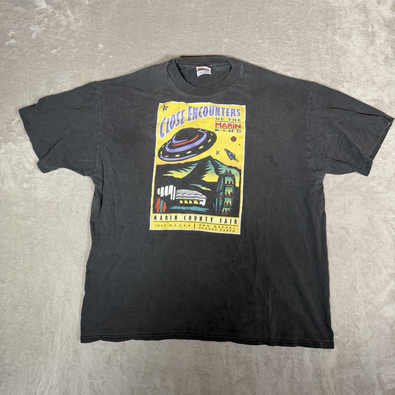 Vintage 90s Marin County Fair UFO Alien Graphic T Shirt XL Hanes Faded Black Vintage 90s Marin County Fair UFO Alien Graphic T Shirt XL Hanes Faded Black