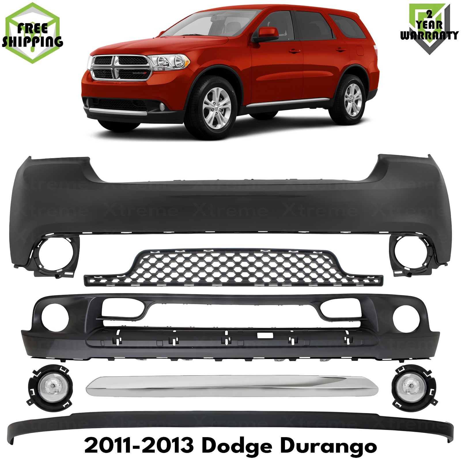 Front Bumper Cover Primed Plastic & Fog Lights Kit For 2011-2013 Dodge Durango
