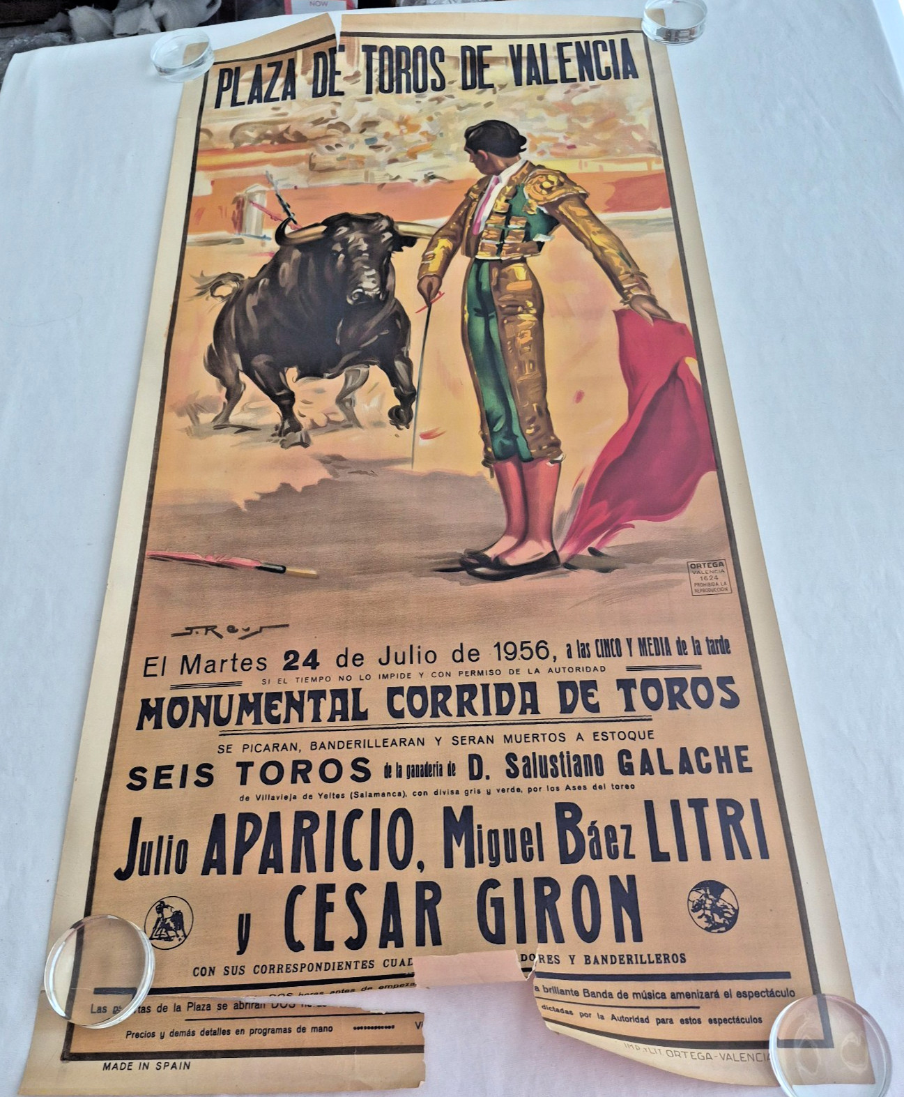 J. Reus original Bullfighting Poster at Plaza De Toros de Valencia 1956 21x 42