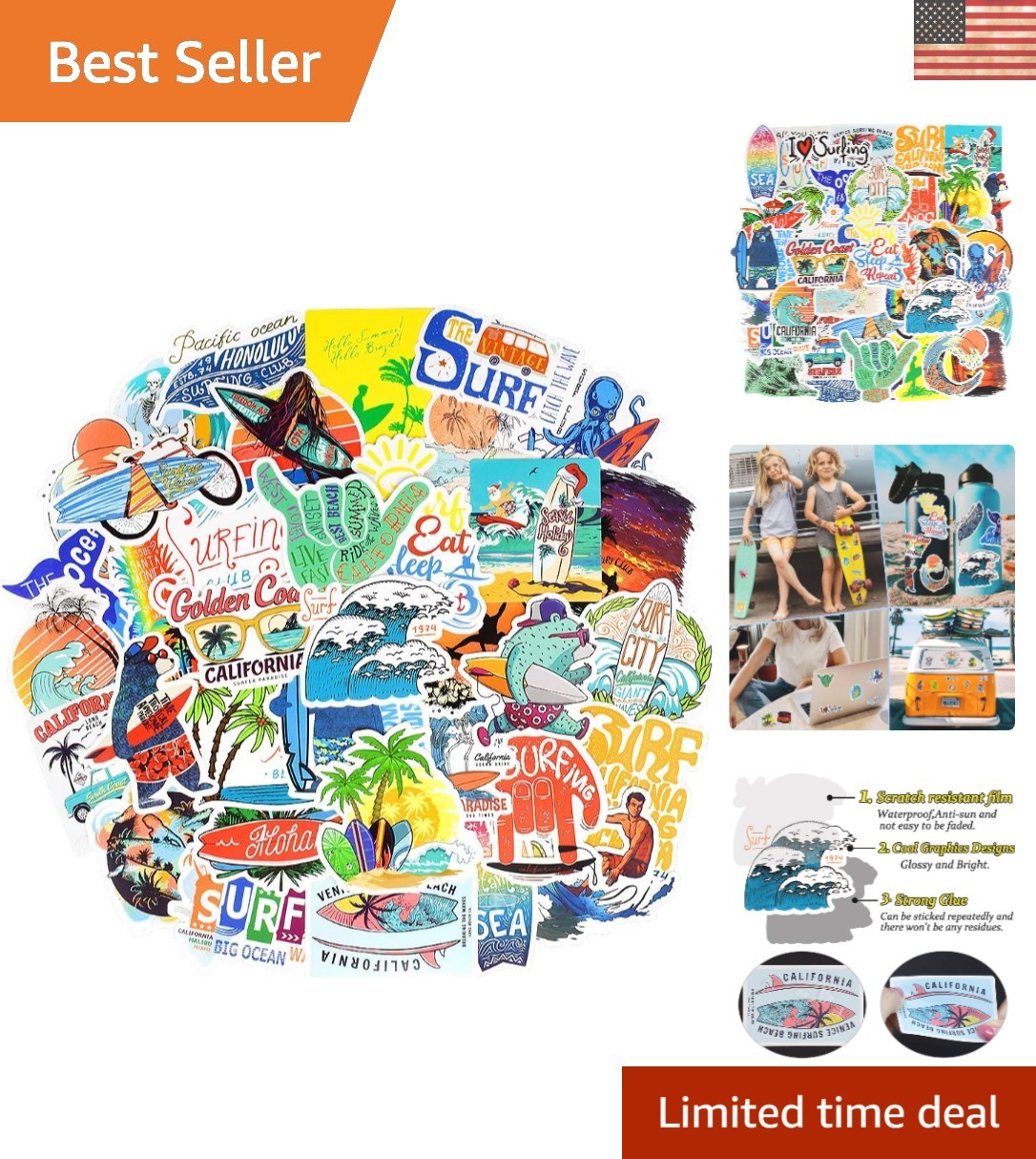 50 Waterproof Surf Stickers Pack for Teens - Perfect for Water Bottles & Laptops