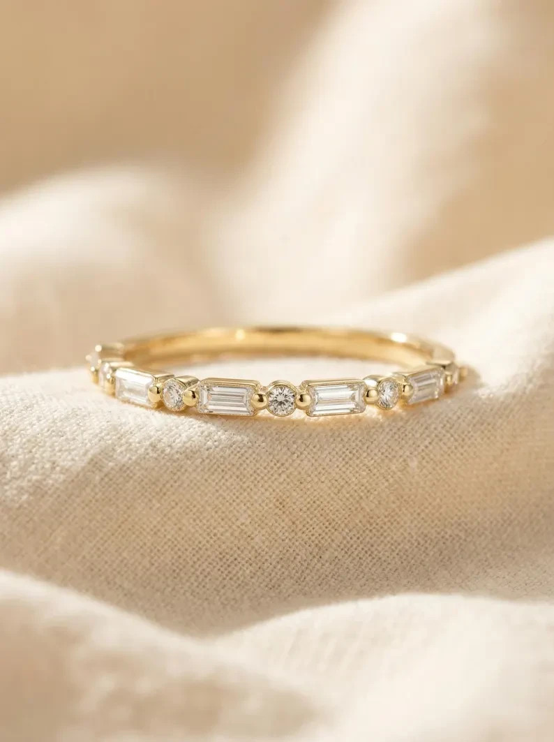 0.52 CT Round Cut Half Eternity Moissanite Wedding Band 14K Yellow Gold Plated