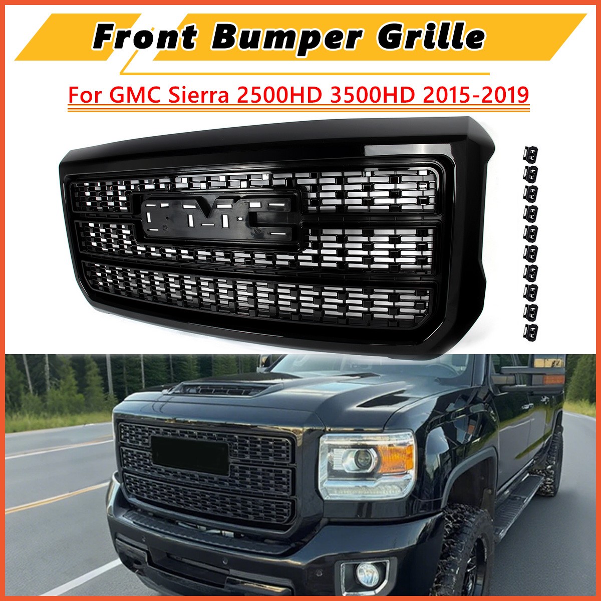 Front Gloss Black Grille Fit For GMC Sierra 2500HD 3500HD 2015-2019 Denali Style