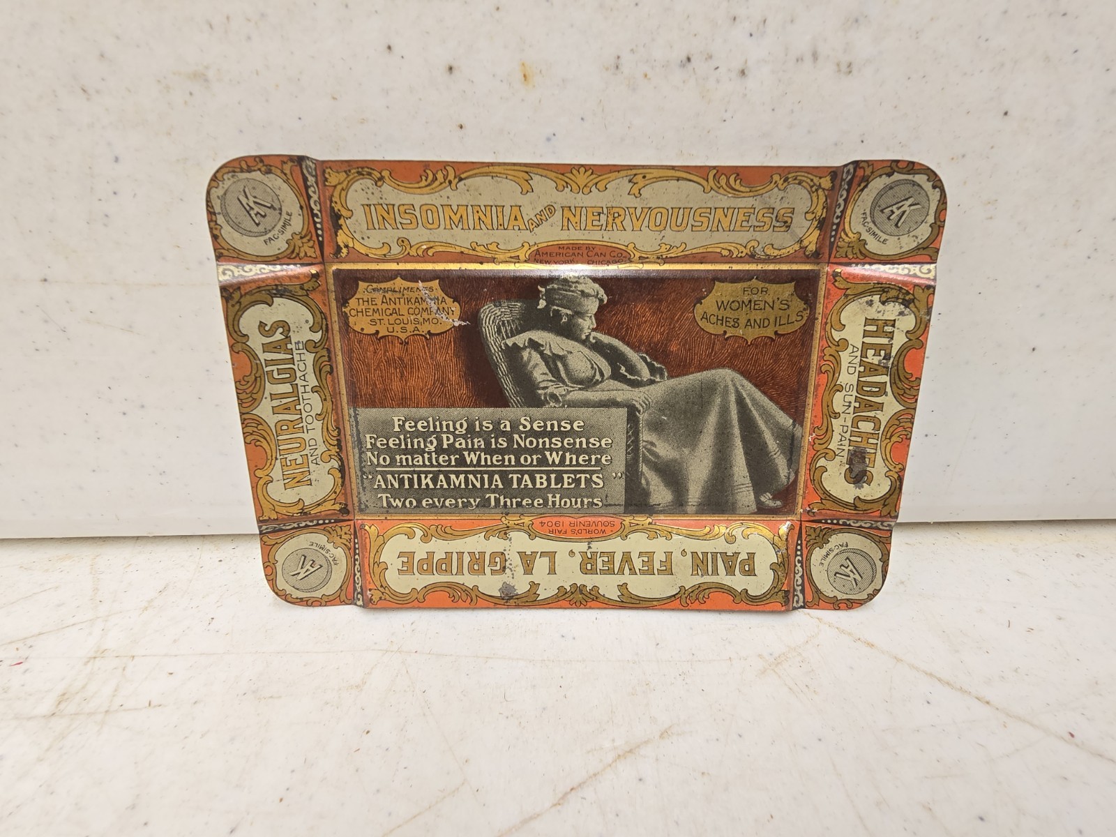 Antique 1904 Worls Fair St Louis Antikamnia Pills American Can Litho Tip Tray Antique 1904 Worls Fair St Louis Antikamnia Pills American Can Litho Tip Tray