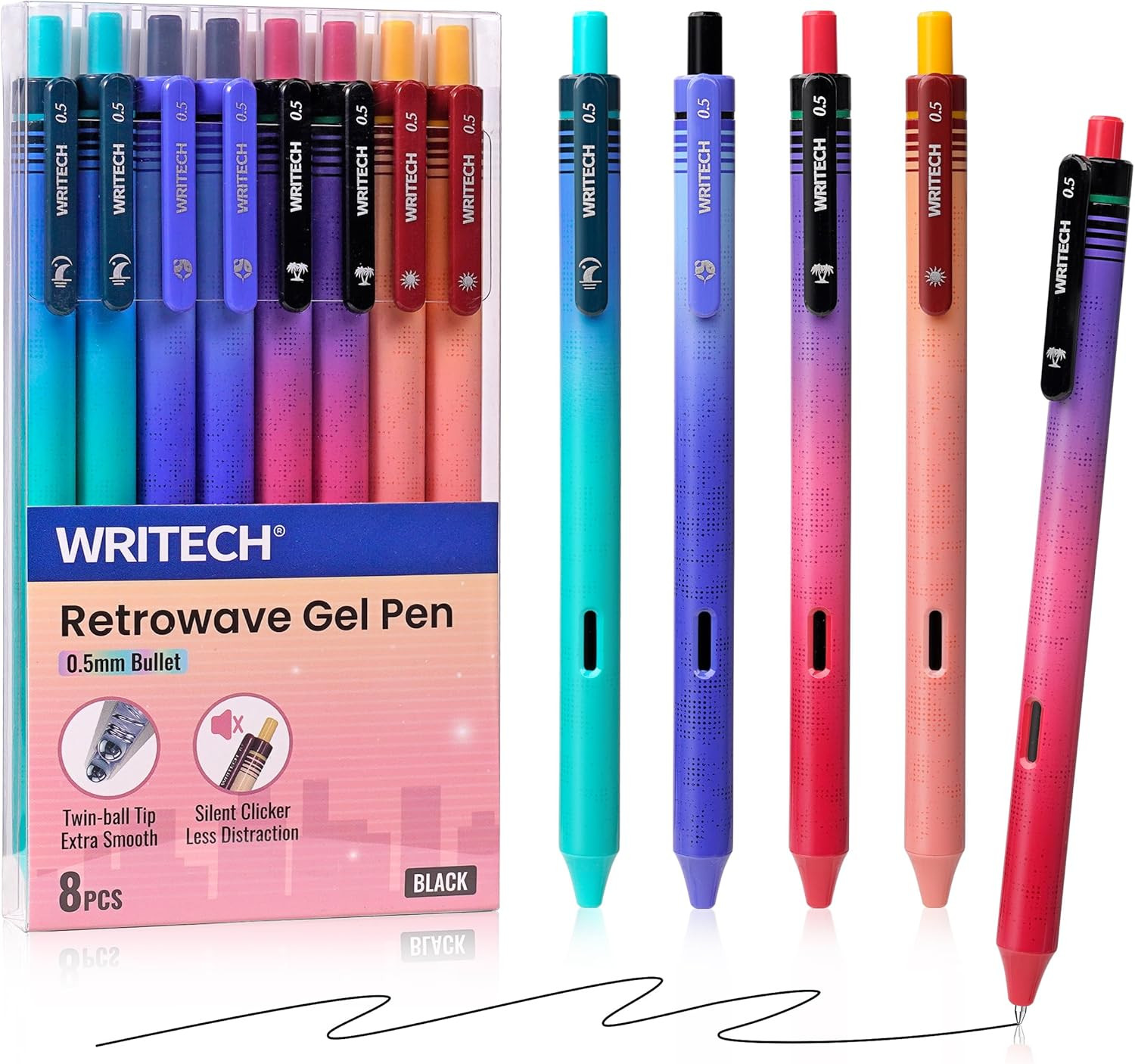 WRITECH Black Ink Gel Pens: 8-Pack Retrowave 0.5mm Fine Point Pens - Smooth Writ