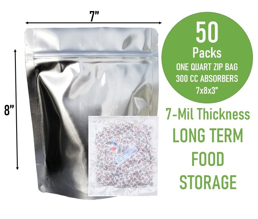 (50PC) 1 Quart Mylar Bags Stand Up 14Mil Gusset Zip Seal+300 CC Oxygen Absorbers
