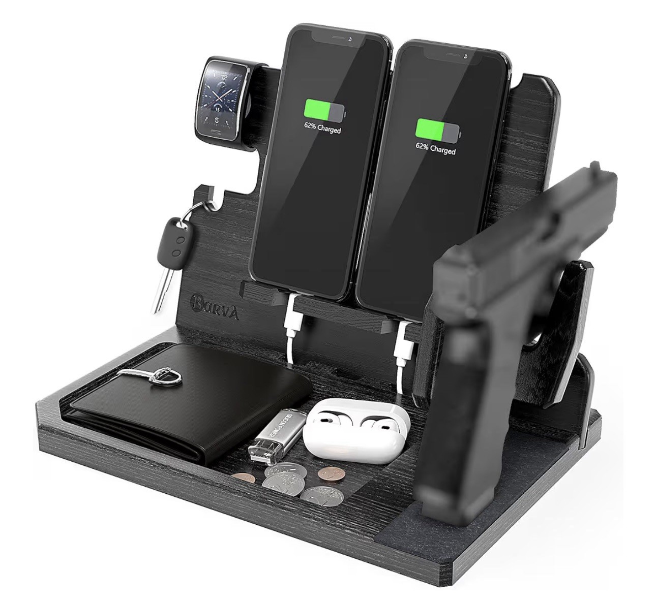 BarvA 2 Phone Docking Station | Patented Adaptive Wood Gun Rack  - Black