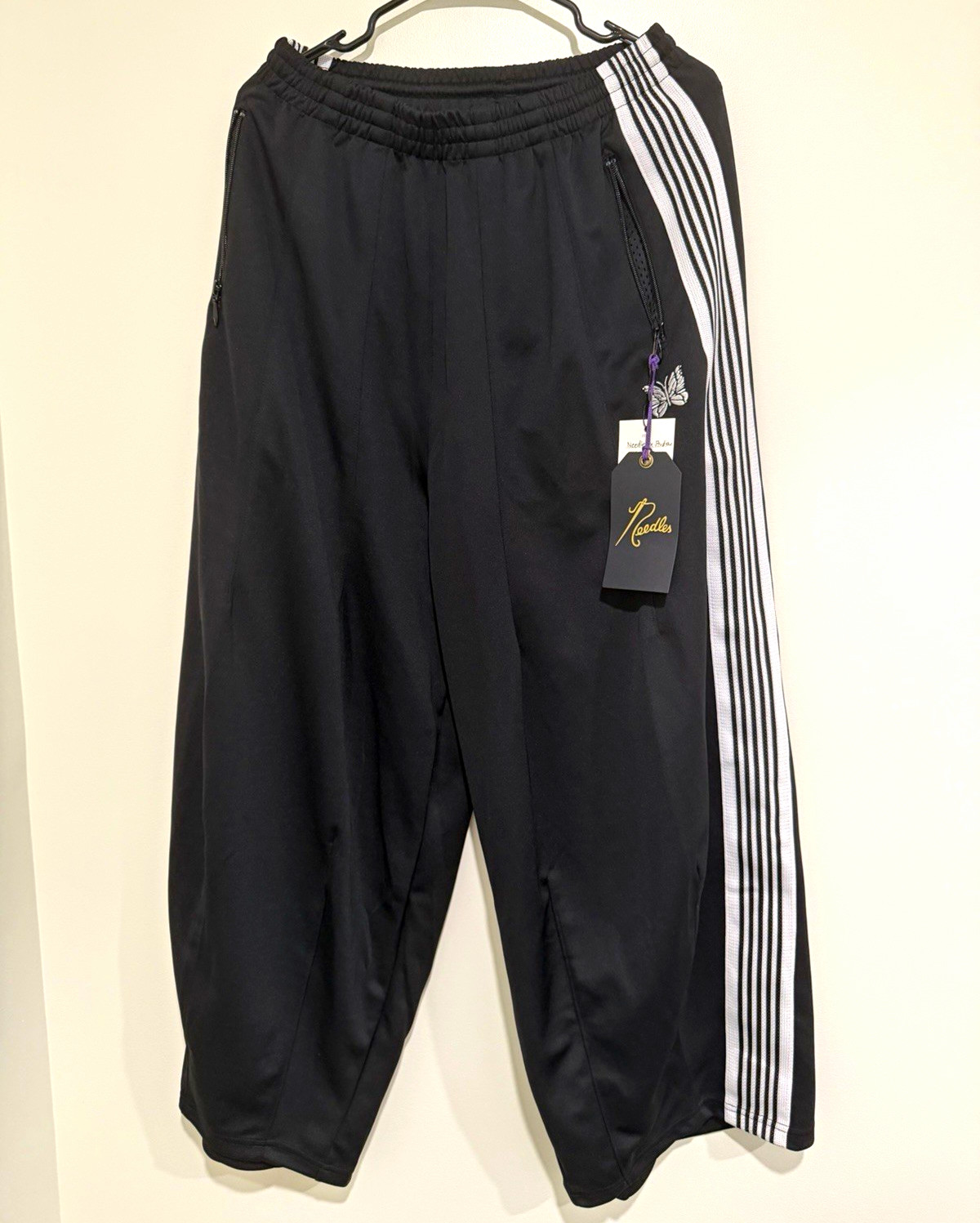 Needles Black Track Pants White Side Stripe Butterfly Men\'s S Drawstring