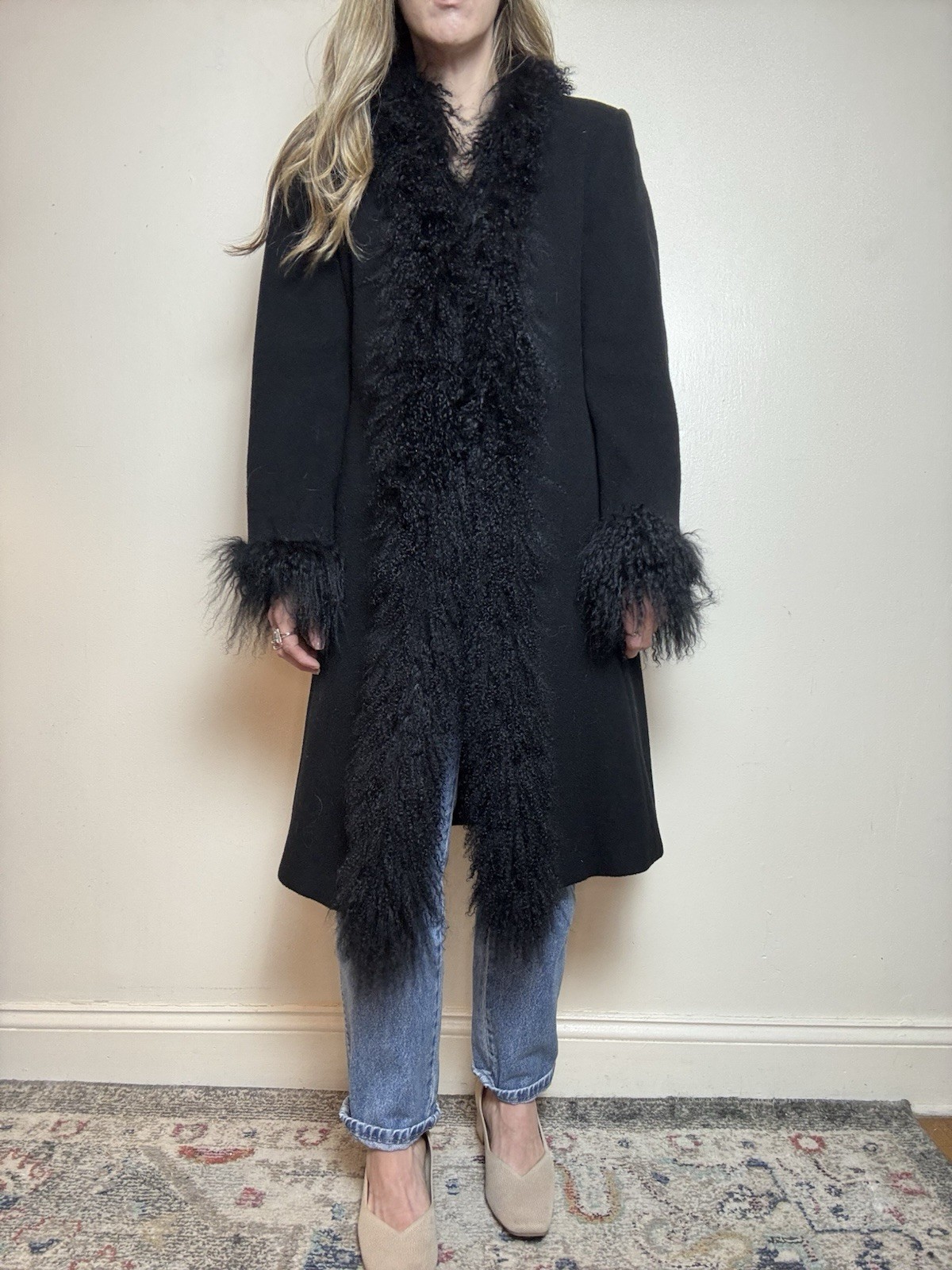 Stunning Vintage Marvin Richards Lambswool Coat with Mongolian Lamb Fur Trim