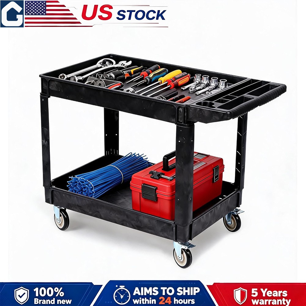 2-Tier Utility Service Cart Rolling Cart 550LBS W/ 360° Swivel Wheels Handle