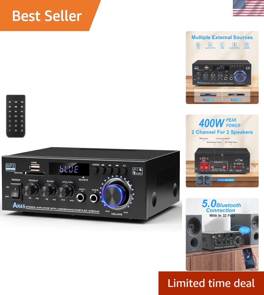 Versatile 400W Bluetooth Stereo Receiver with Multiple Inputs for All Devices
