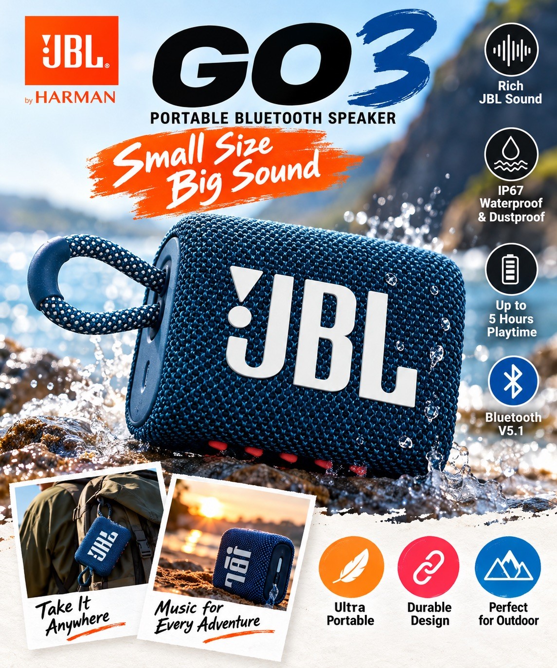 JBL GO3 Portable Bluetooth Waterproof Speaker, Black red and blue color JBL GO3 Portable Bluetooth Waterproof Speaker, Black red and blue color