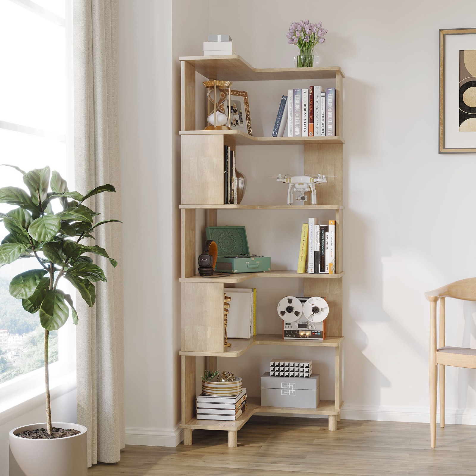 BALANBO Corner Bookcase L-Shaped Shelf Storage Solid Wood Living Room Office