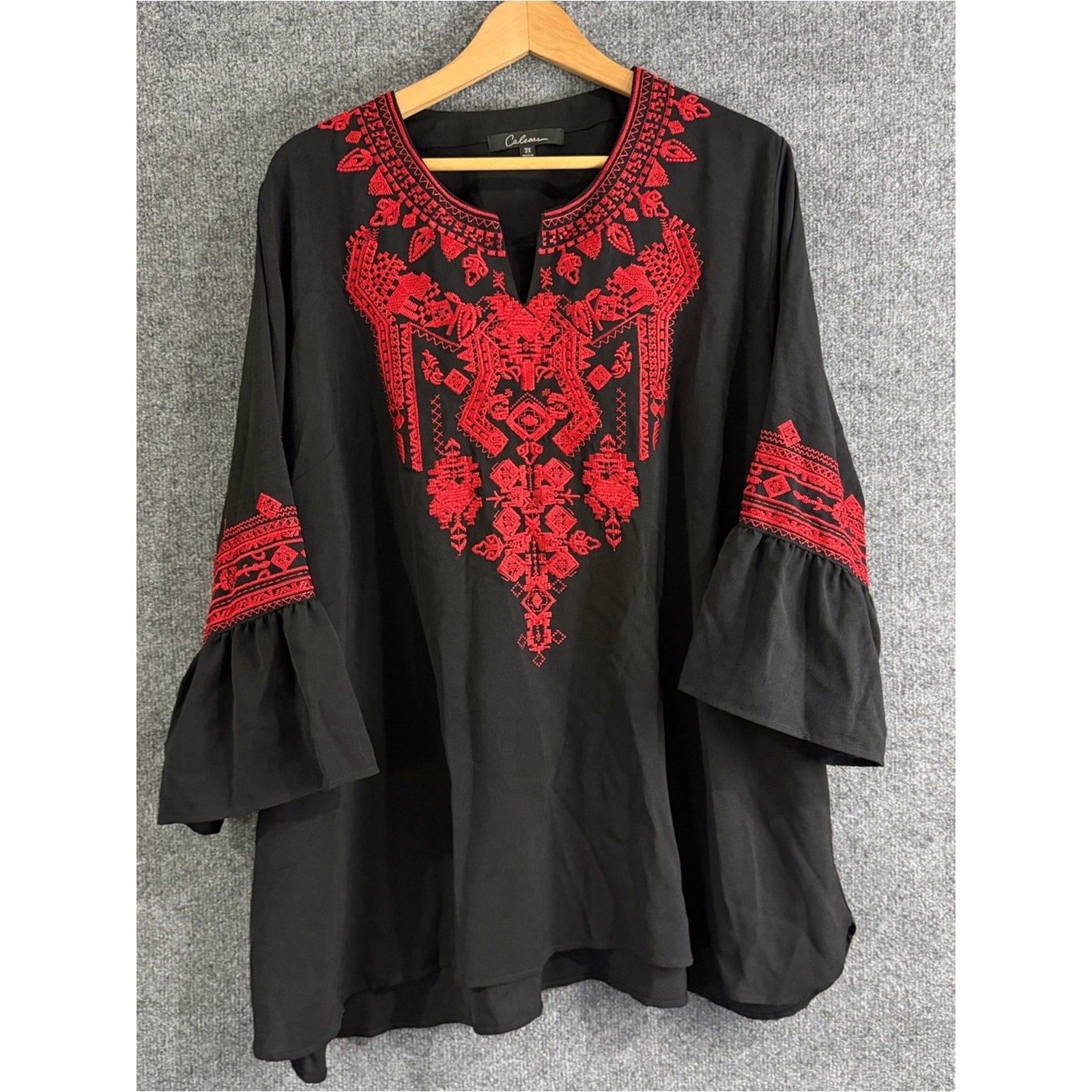 Calessa Womens 3X Embroidered Tunic Blouse Black Red Boho Bell Sleeve Peasant Calessa Womens 3X Embroidered Tunic Blouse Black Red Boho Bell Sleeve Peasant