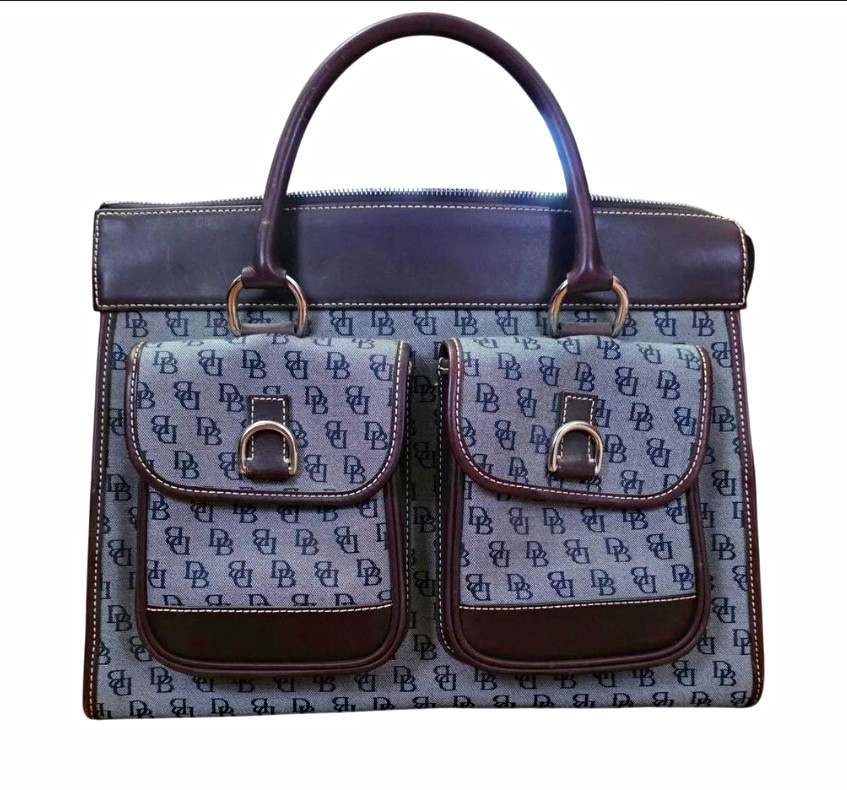 Dooney & Bourke Vintage Logo Satchel Top Handle Zip Pockets Silver Hardware Blue Dooney & Bourke Vintage Logo Satchel Top Handle Zip Pockets Silver Hardware Blue