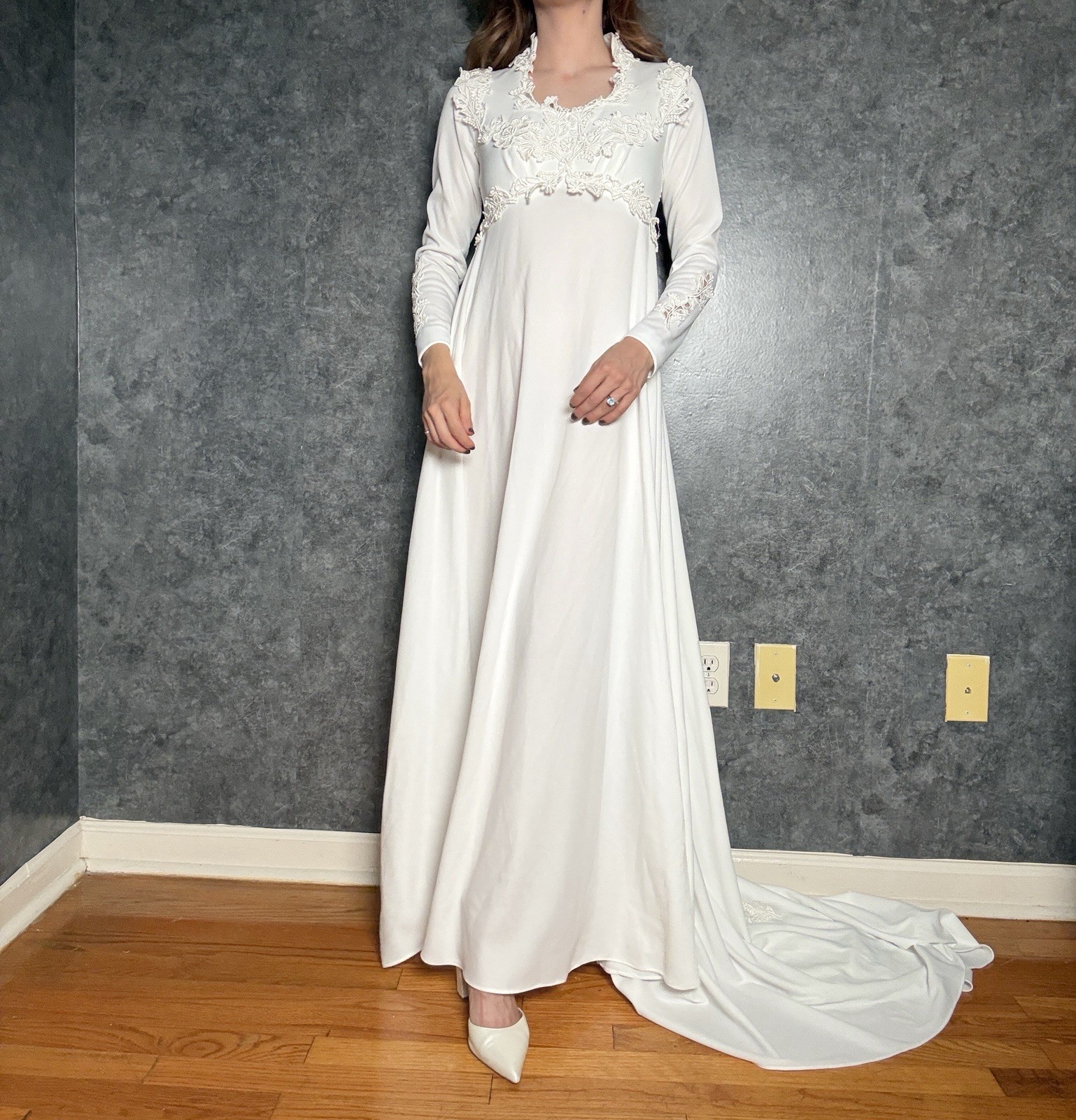 Vintage 1970s Empire Waist Wedding Gown — Cathedral Train  - 2/4