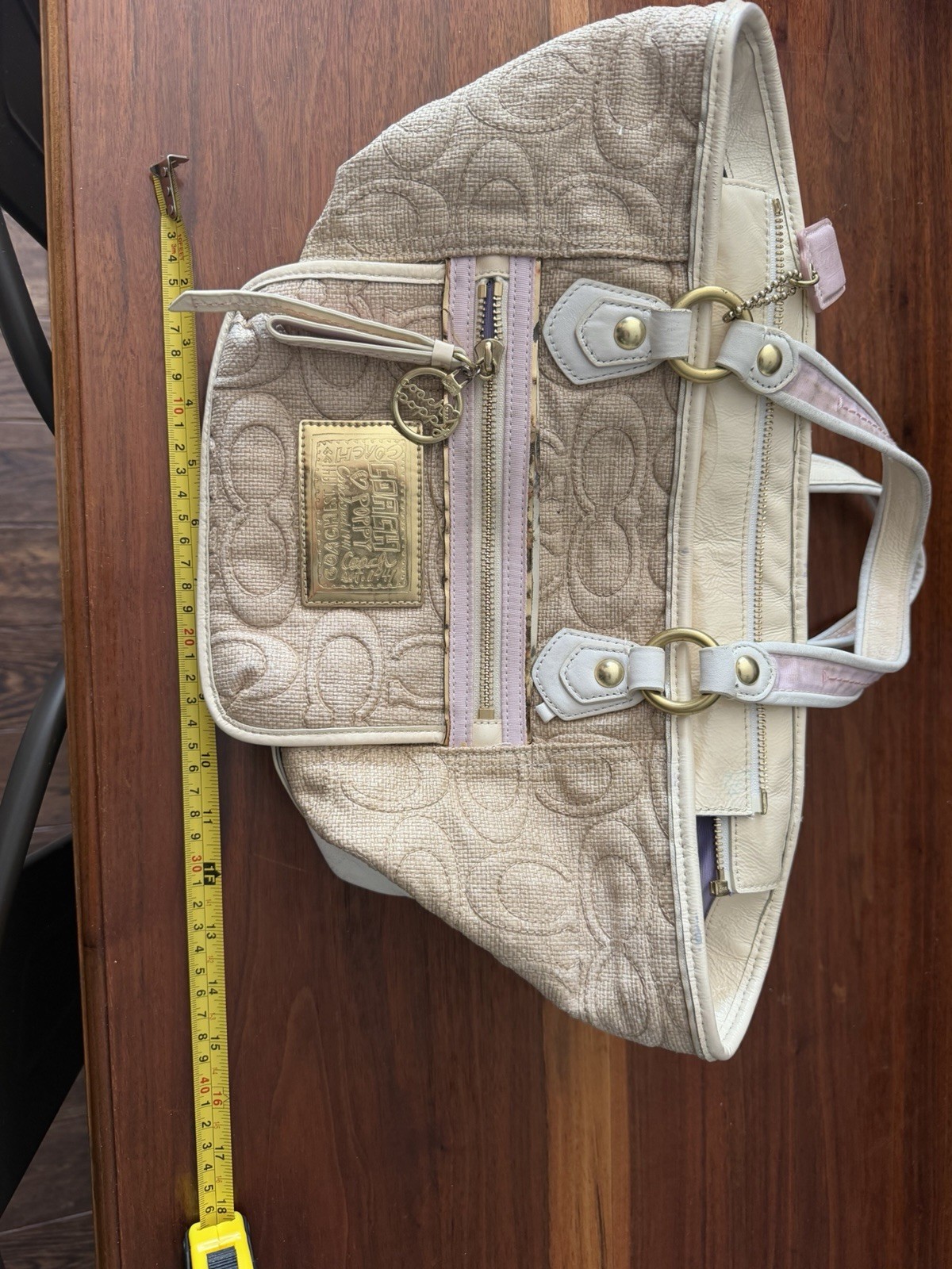 Coach Beige Logo Satchel Zip Top Gold Hardware Purple Lining Charm Double Handle Coach Beige Logo Satchel Zip Top Gold Hardware Purple Lining Charm Double Handle