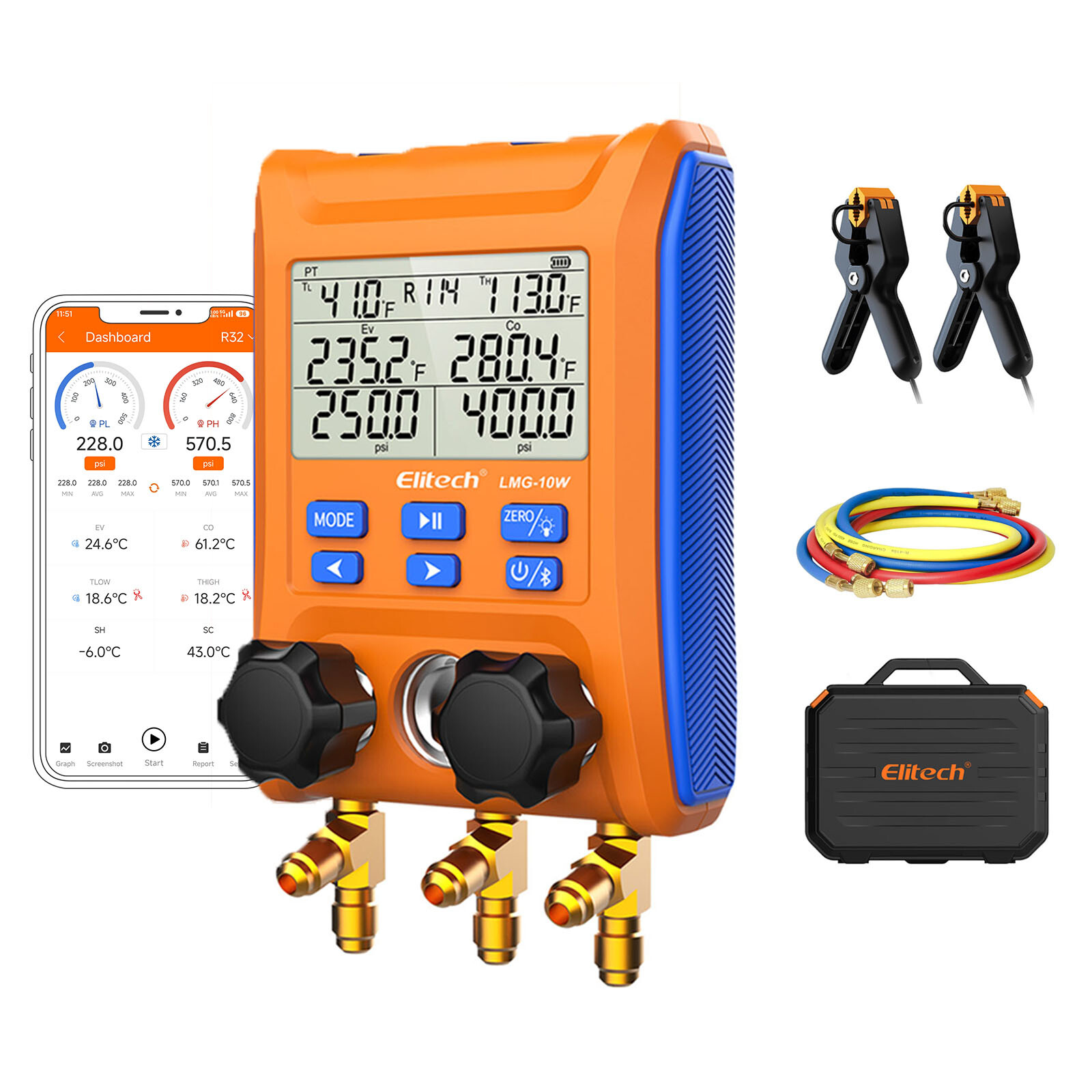 Elitech Digital Manifold Gauge 2-Way Valve AC Gauge LMG-10W App Control w/Hoses