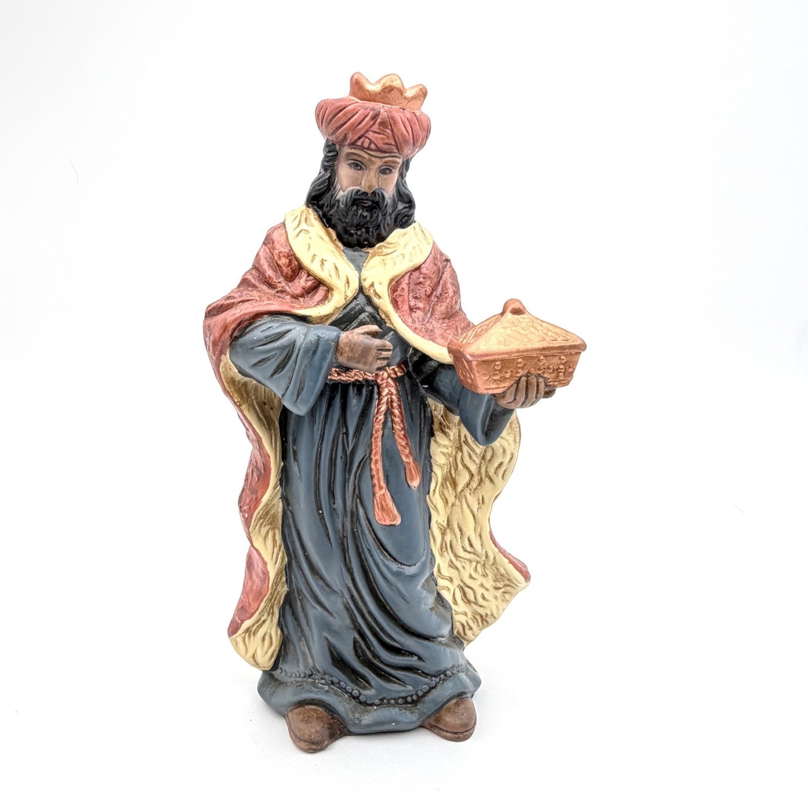 Vintage Wise Man Balthazar Nativity Figurine Red Cloak King with Myrrh 7.75 Inch