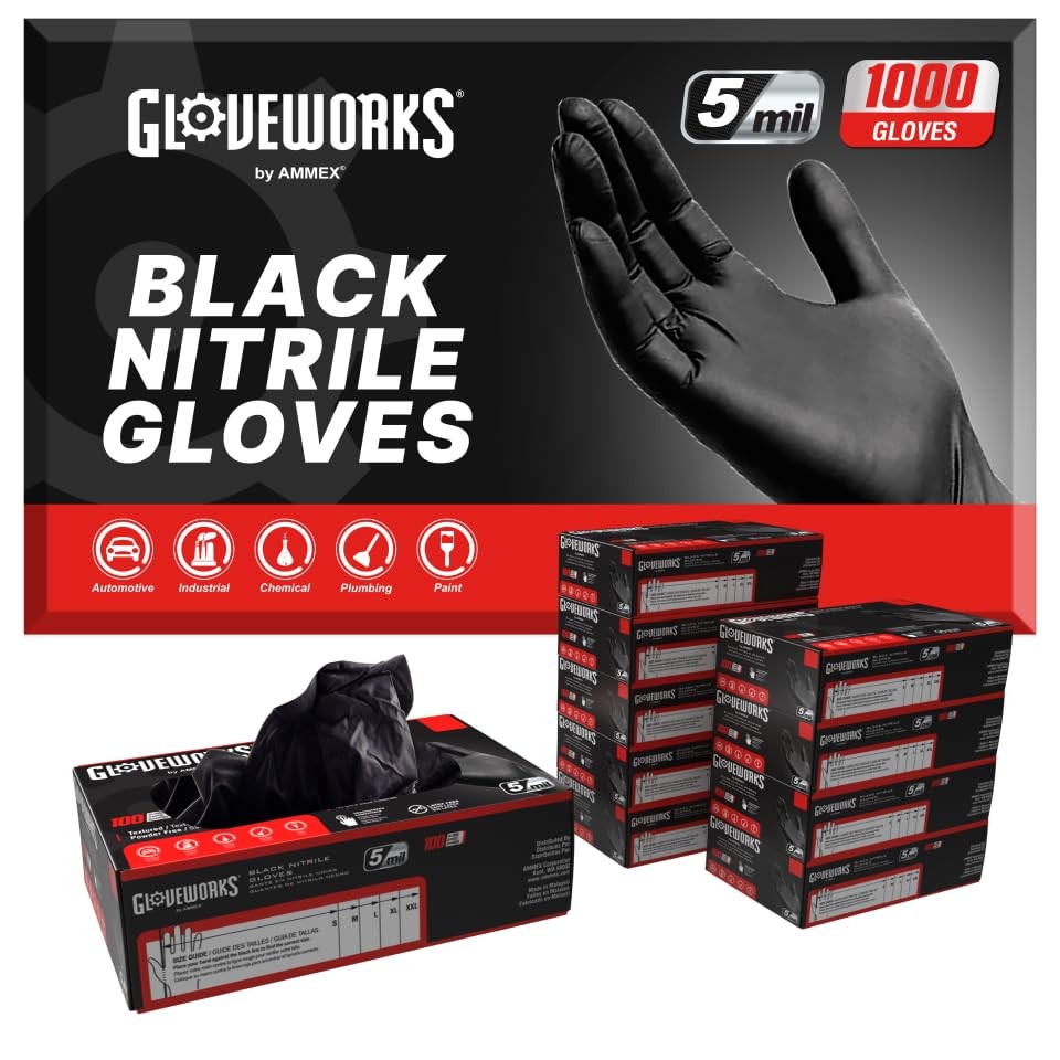 GLOVEWORKS Black Nitrile Gloves 5 Mil Size Medium 10 Boxes of 100
