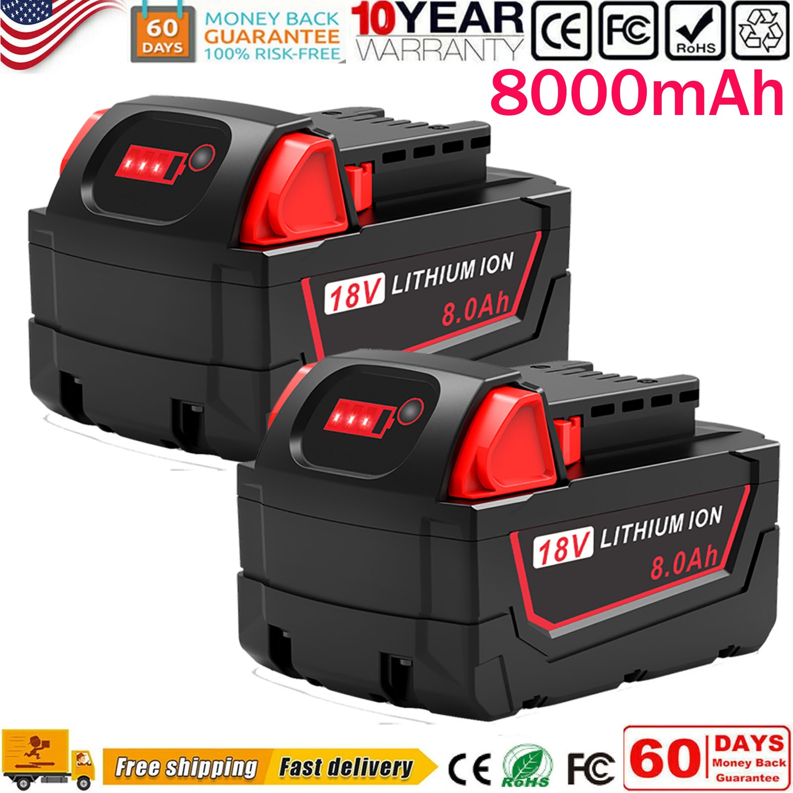 2x 8.0Ah Battery For Milwaukee M18 18V Lithium-ion Extended Capacity 48-11-1860