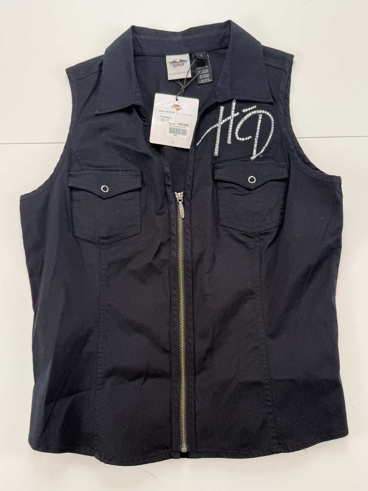 Harley Davidson Womens L Black Rhinestone Sleeveless Zip Shirt Vest NWT