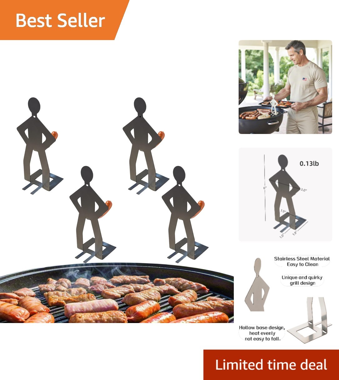 4 PCS Funny BBQ Stand Man Hot Dog Holder-Reusable Stainless Steel Hotdog and ...