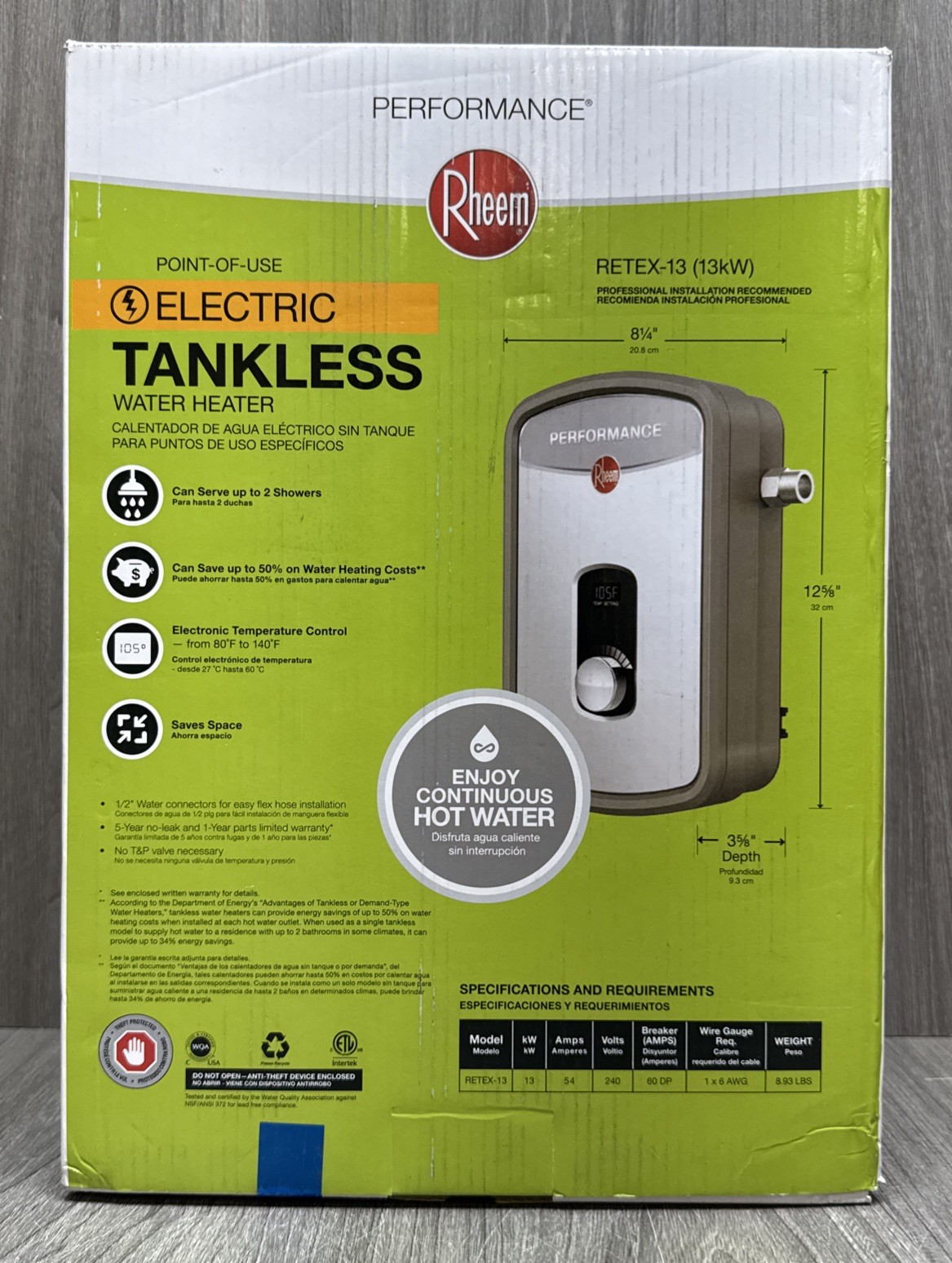 Rheem RETEX-13 13kW 2.54 GPM 240-Volt Self-Modulating Electric Tankless Water Rheem RETEX-13 13kW 2.54 GPM 240-Volt Self-Modulating Electric Tankless Water