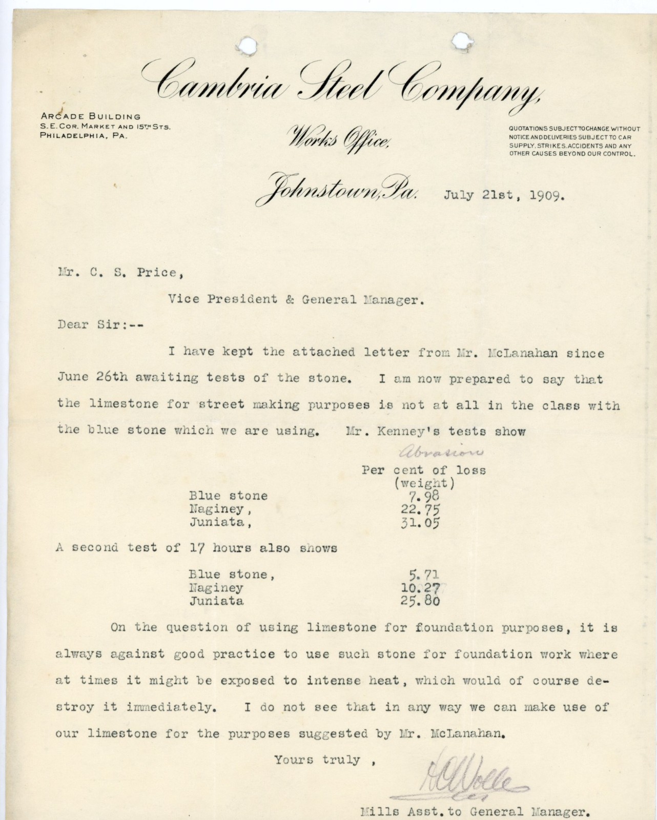 1909 Cambria Steel Co Letterhead Johnstown PA CS Price Limestone Blue Stone Test 1909 Cambria Steel Co Letterhead Johnstown PA CS Price Limestone Blue Stone Test