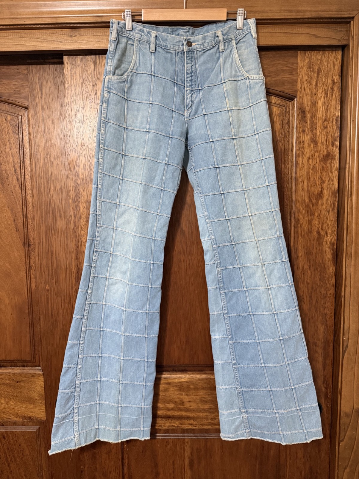 Vintage Men\'s Tall (34 x 37 1/2) Denim Windowpane Patchwork Jeans 1970\'s