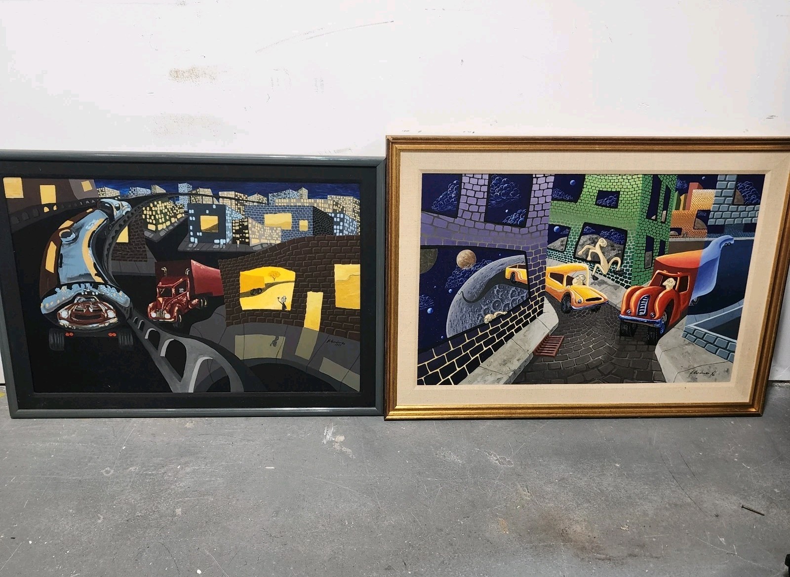 H. Nordeman Signed Original Surrealist Painting PAIR 1986-87 Cars Cityscape Art
