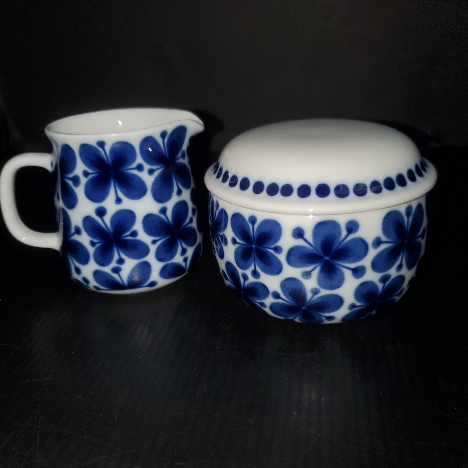 Rörstrand Mon Amie Sugar Bowl and Creamer Marianne Westman Blue White MCM 1950s