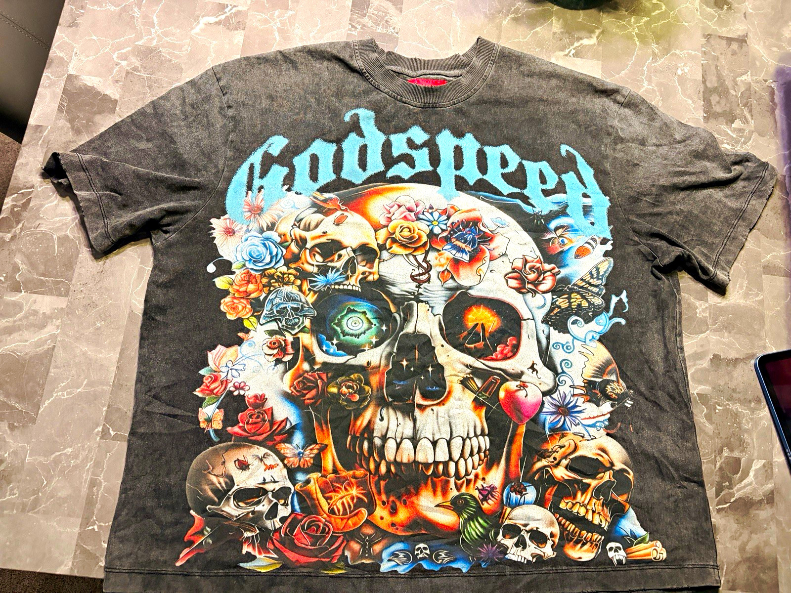 Godspeed Men\'s 2XL Gray Skull Floral Graphic Print Crew Neck Cotton Tee Godspeed Men\'s 2XL Gray Skull Floral Graphic Print Crew Neck Cotton Tee