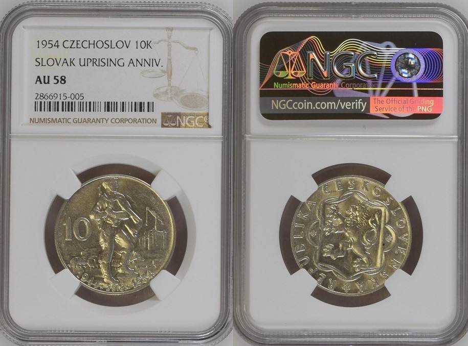Czechoslovakia Silver 1954 10 Korun Slovak Uprising NGC AU58 Czechoslovakia Silver 1954 10 Korun Slovak Uprising NGC AU58
